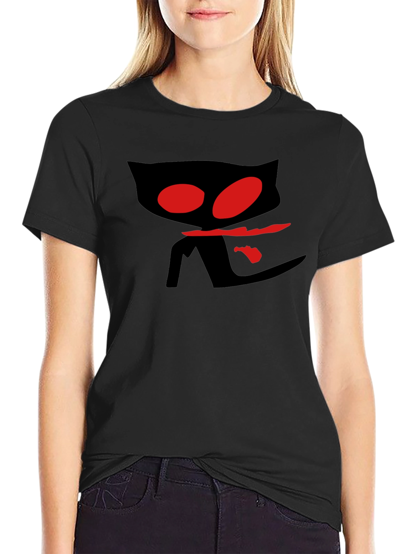 Mens Black T-Shirt with Red Eyed Cat Design