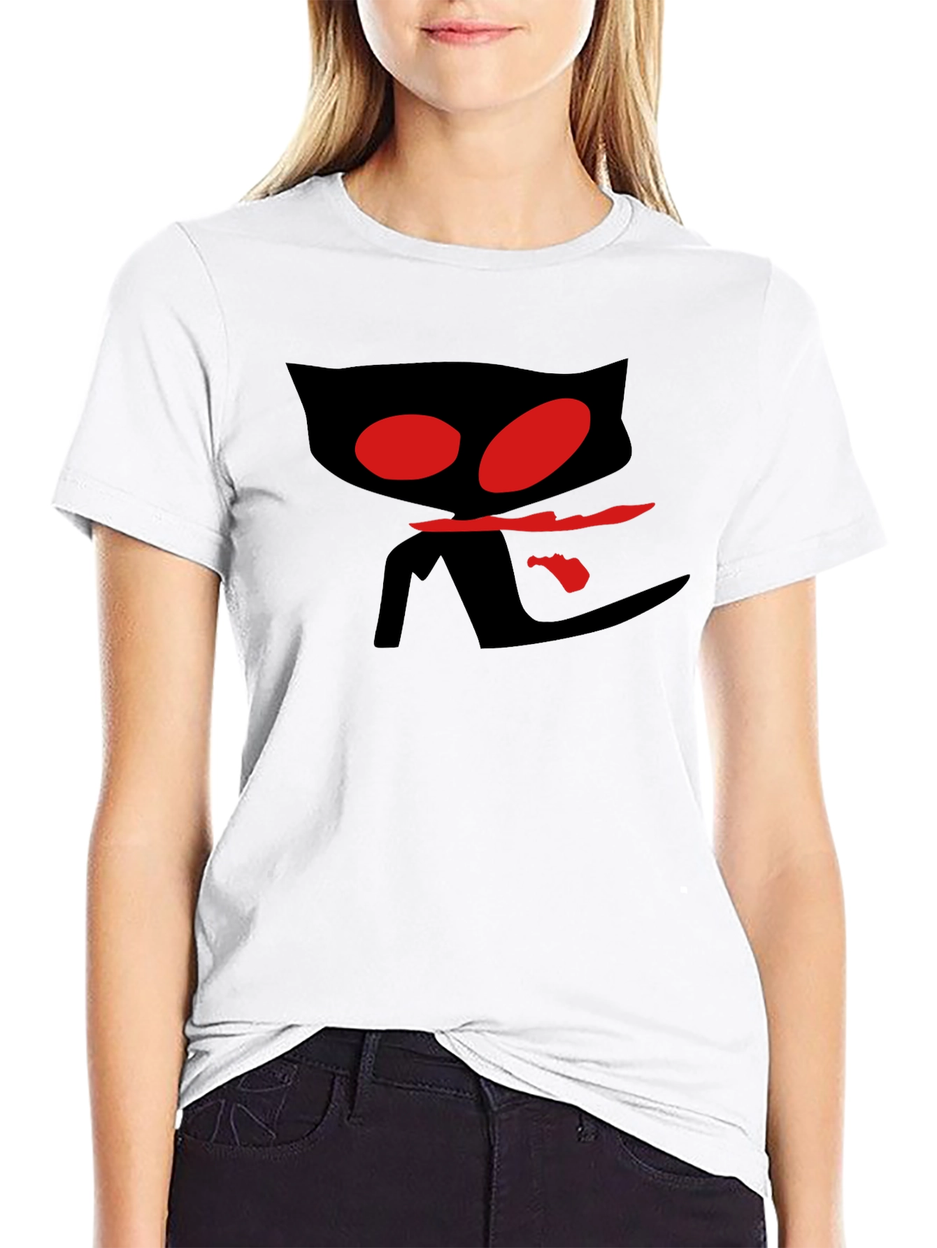 Mens Black T-Shirt with Red Eyed Cat Design