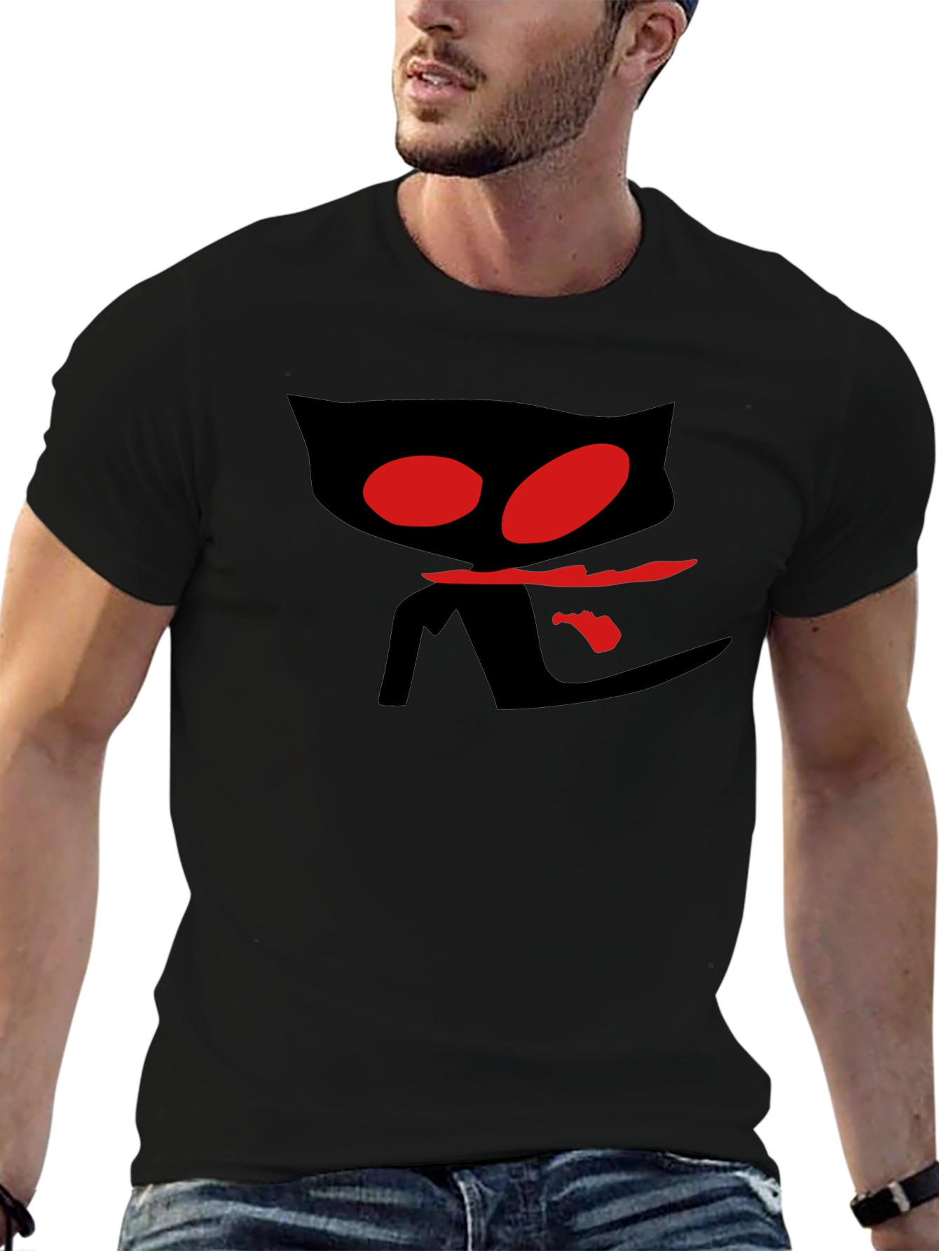 Mens Black T-Shirt with Red Eyed Cat Design