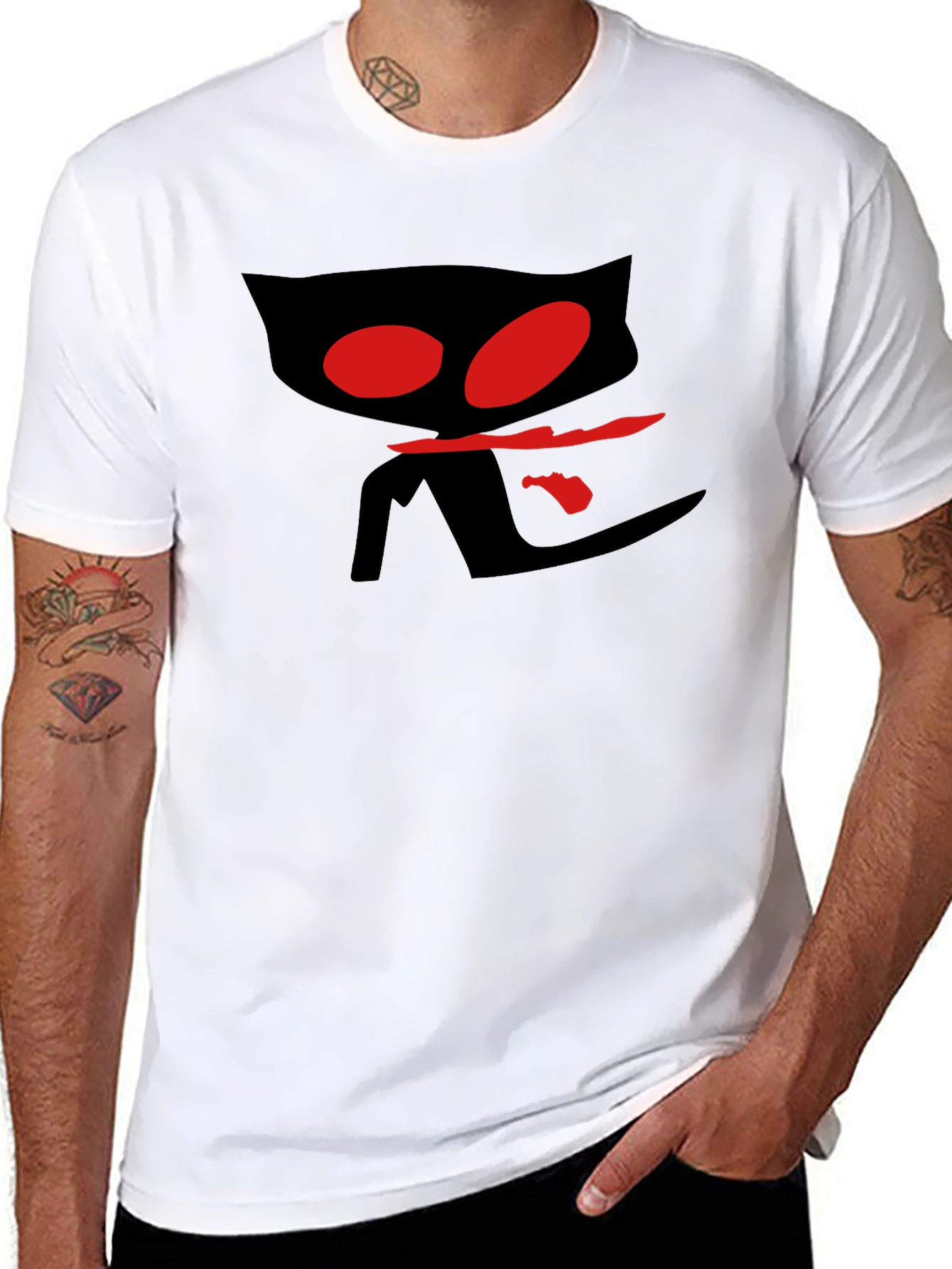 Mens Black T-Shirt with Red Eyed Cat Design