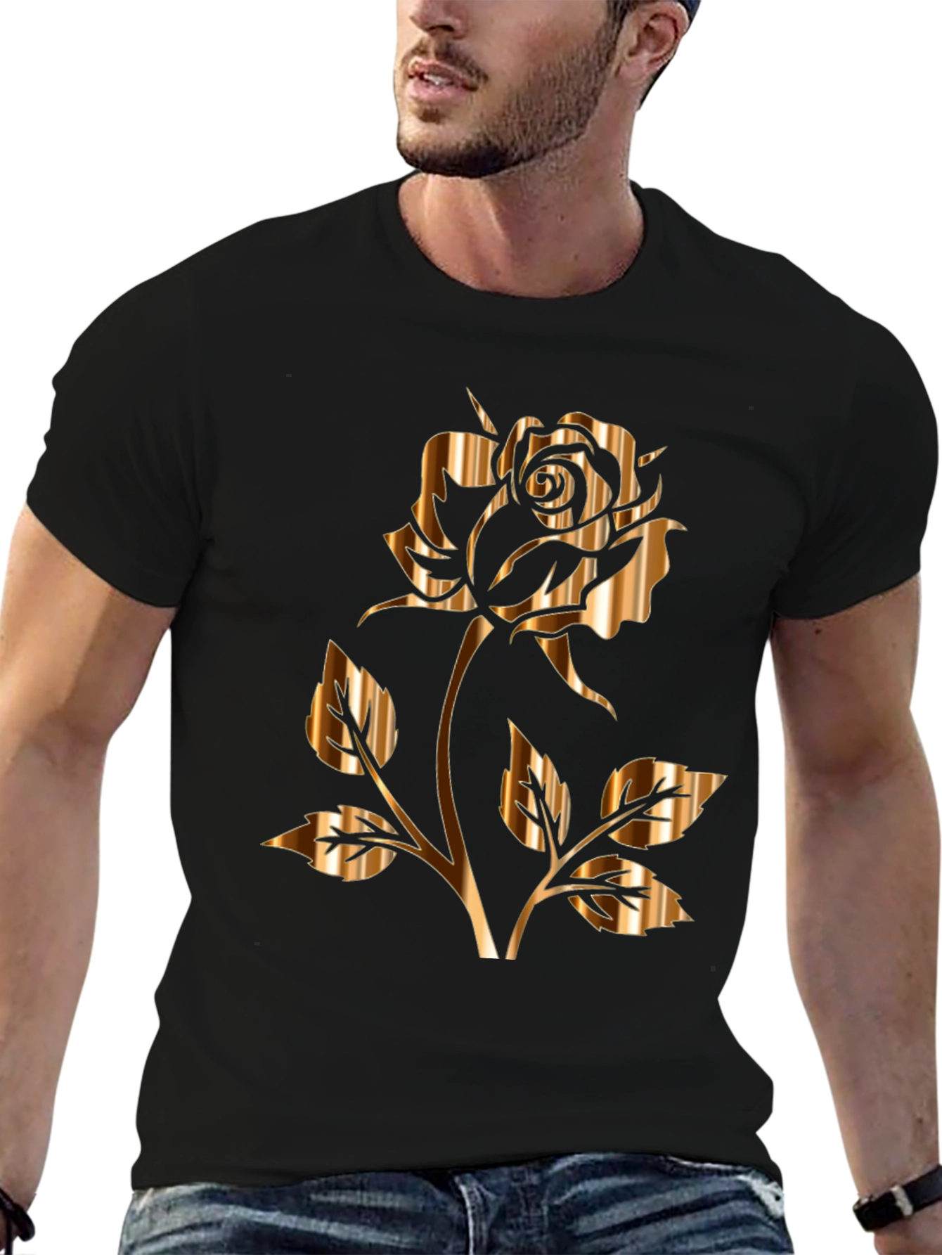 Golden Rose Graphic Black T-Shirt