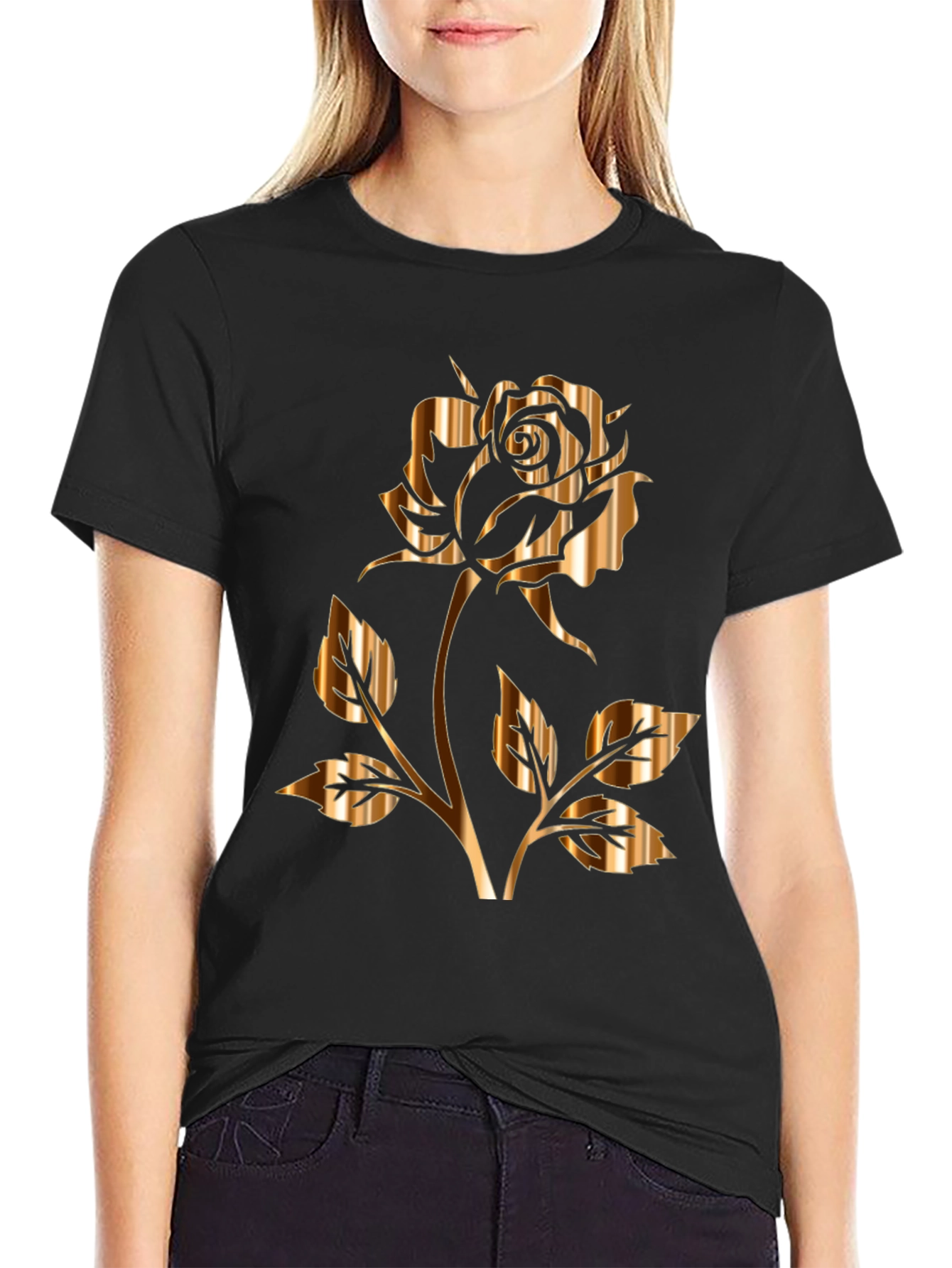 Golden Rose Graphic Black T-Shirt