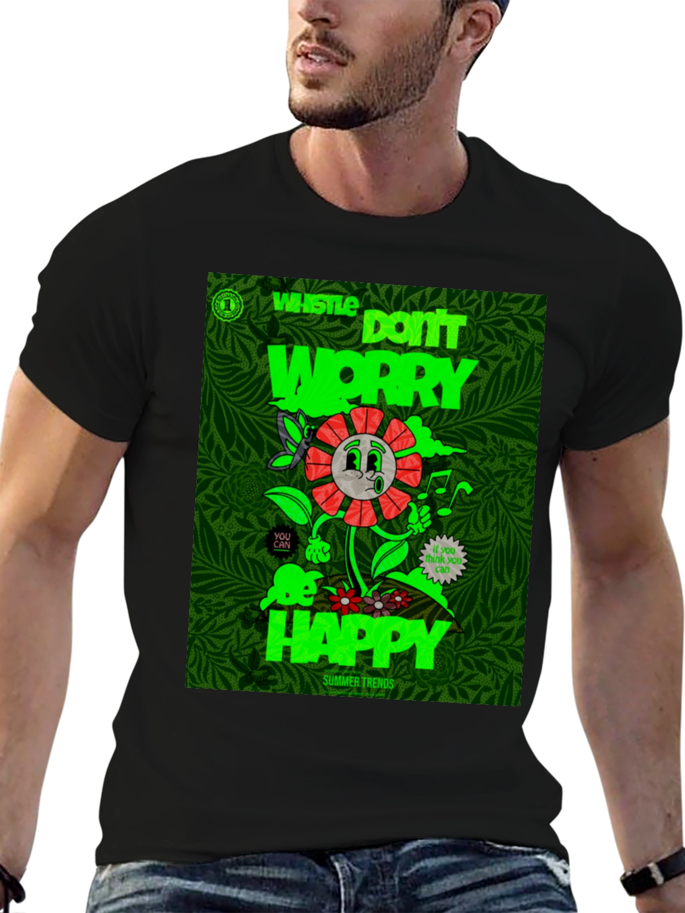Whistle Happy Graphic Print Black T-Shirt