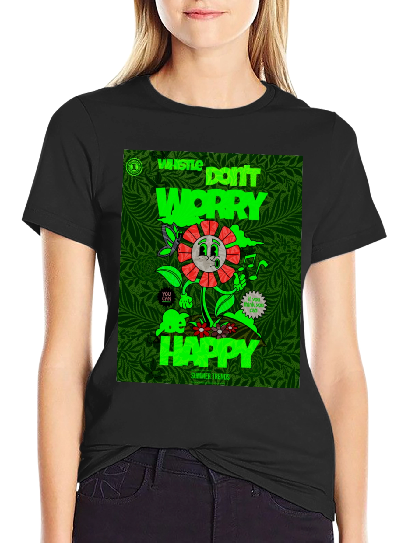 Whistle Happy Graphic Print Black T-Shirt
