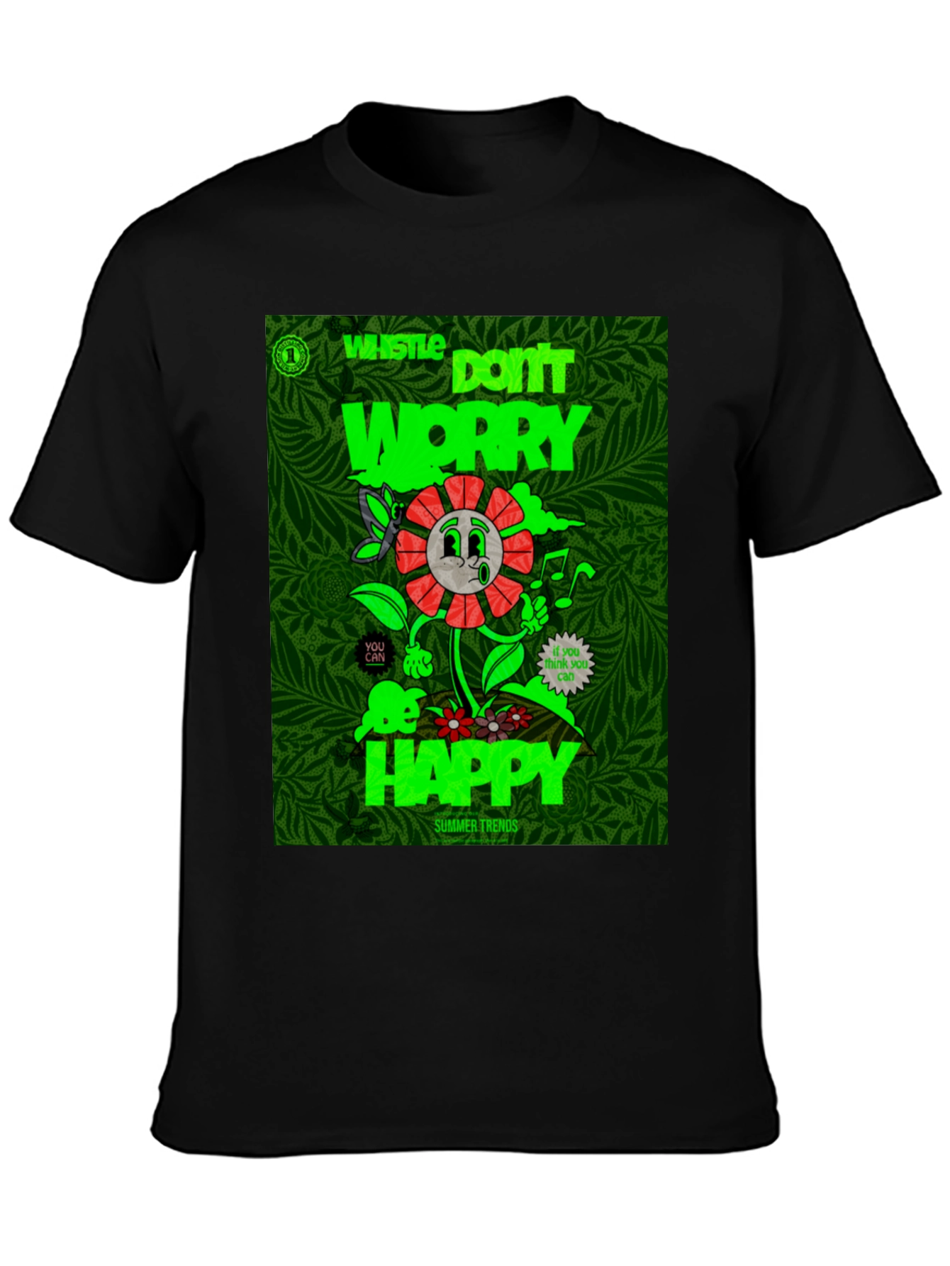 Whistle Happy Graphic Print Black T-Shirt