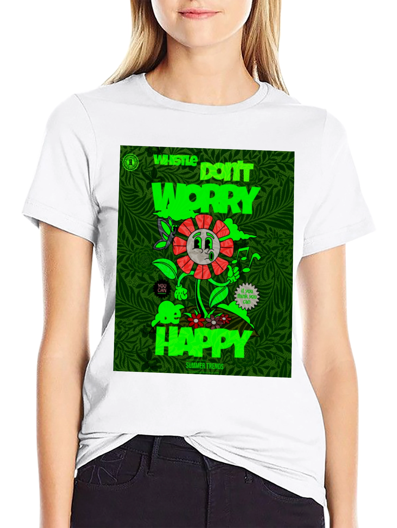 Whistle Happy Graphic Print Black T-Shirt