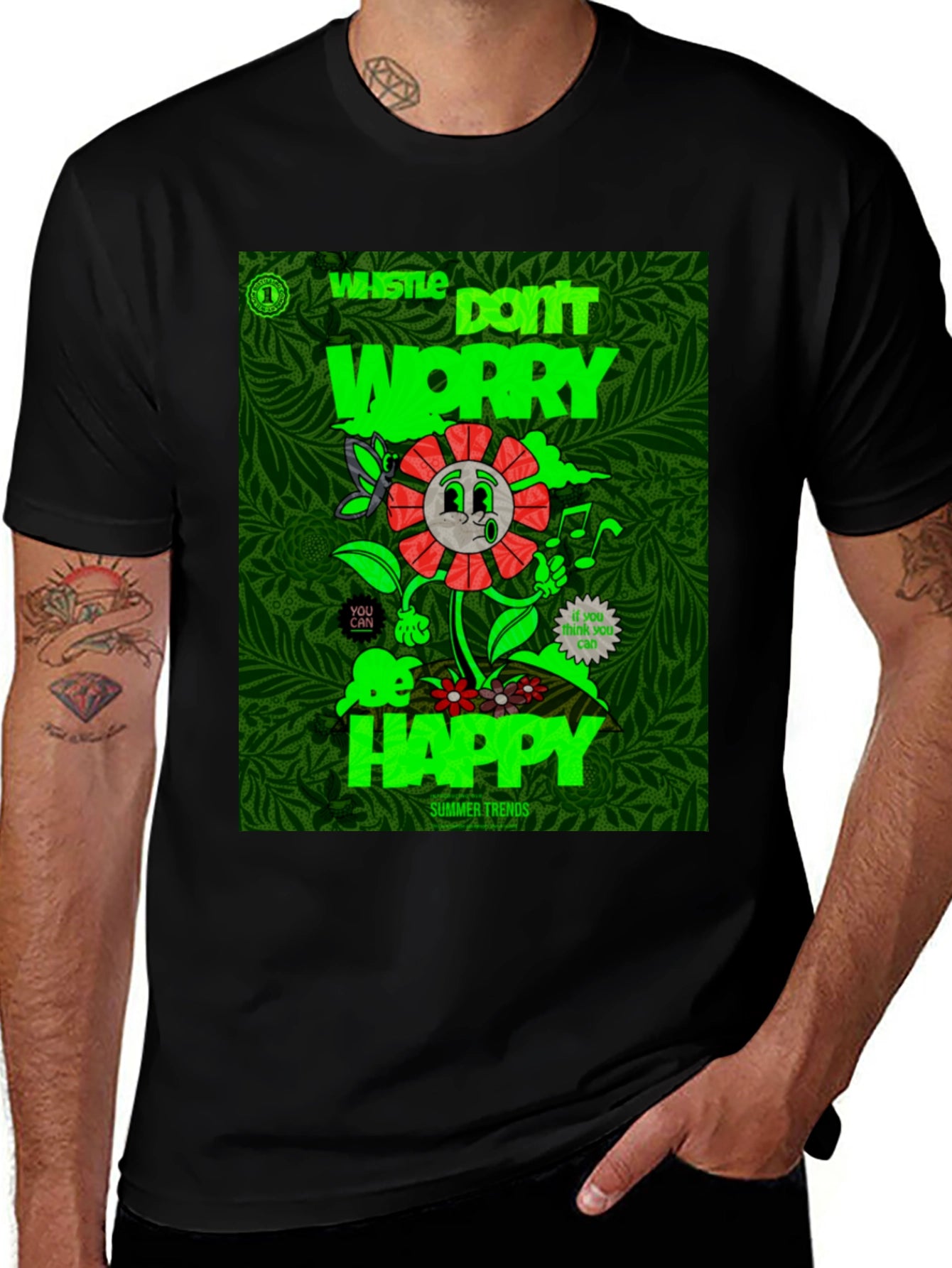 Whistle Happy Graphic Print Black T-Shirt