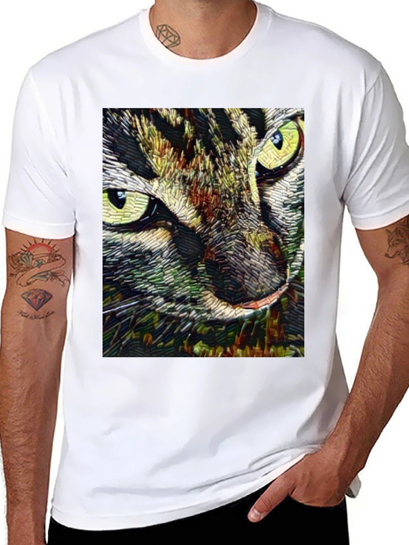 Artistic Cat Face Graphic Black T-Shirt