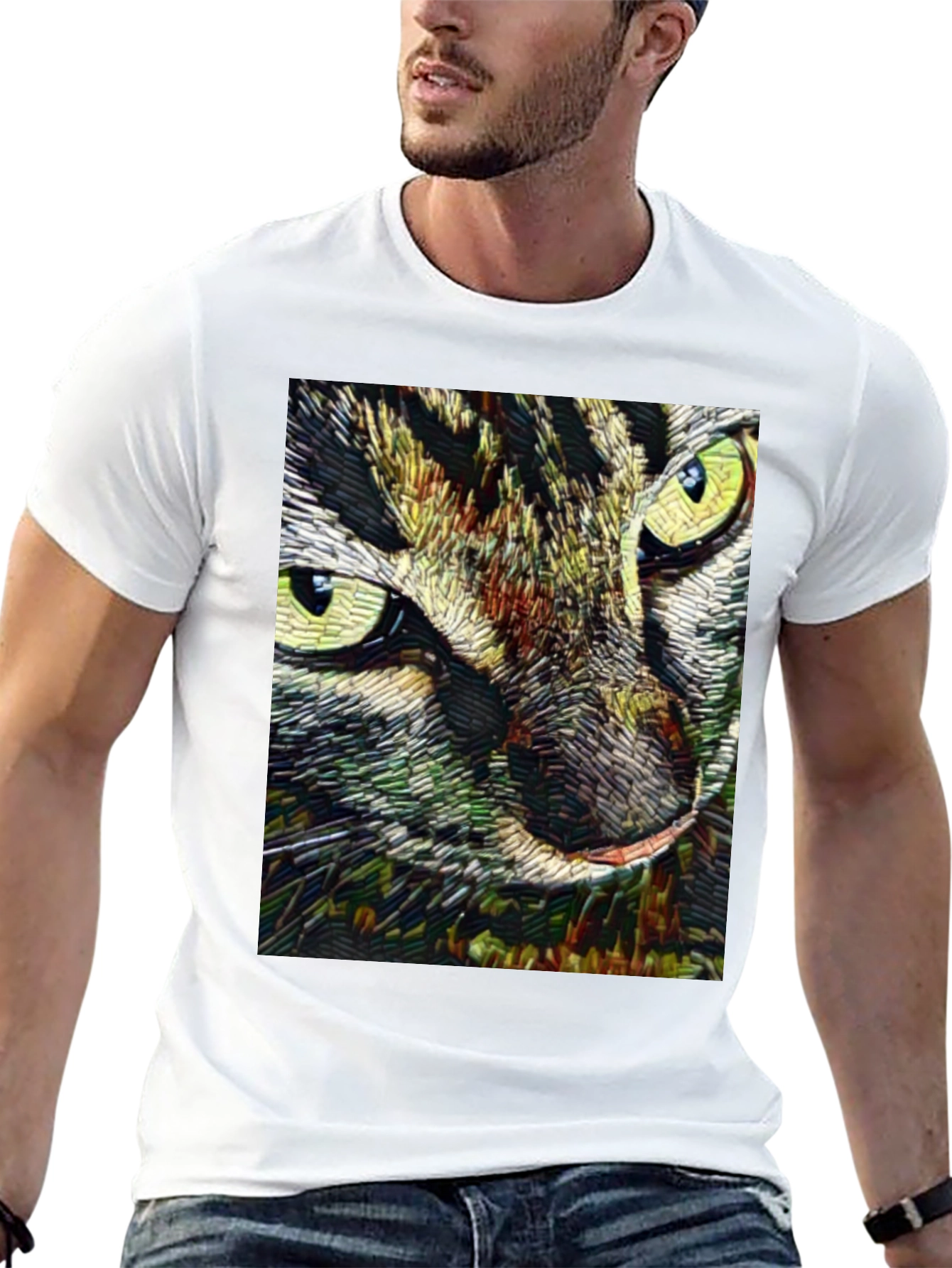 Artistic Cat Face Graphic Black T-Shirt
