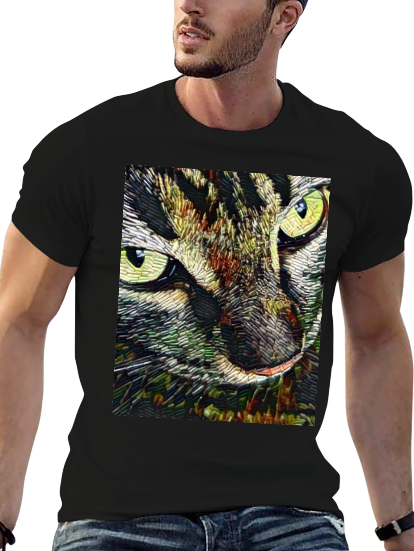 Artistic Cat Face Graphic Black T-Shirt