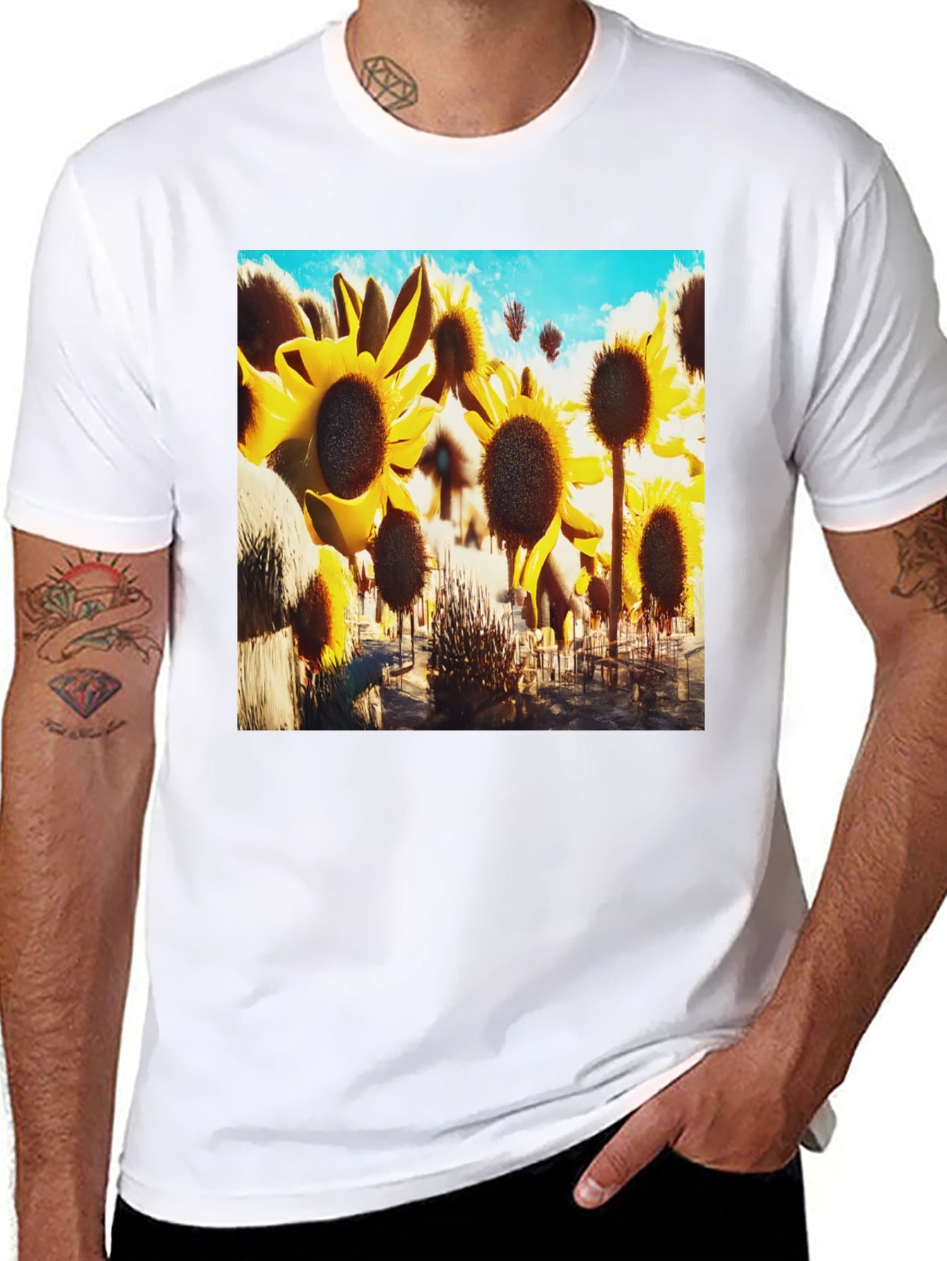 Sunflower Field Graphic Tee - Black Cotton T-Shirt