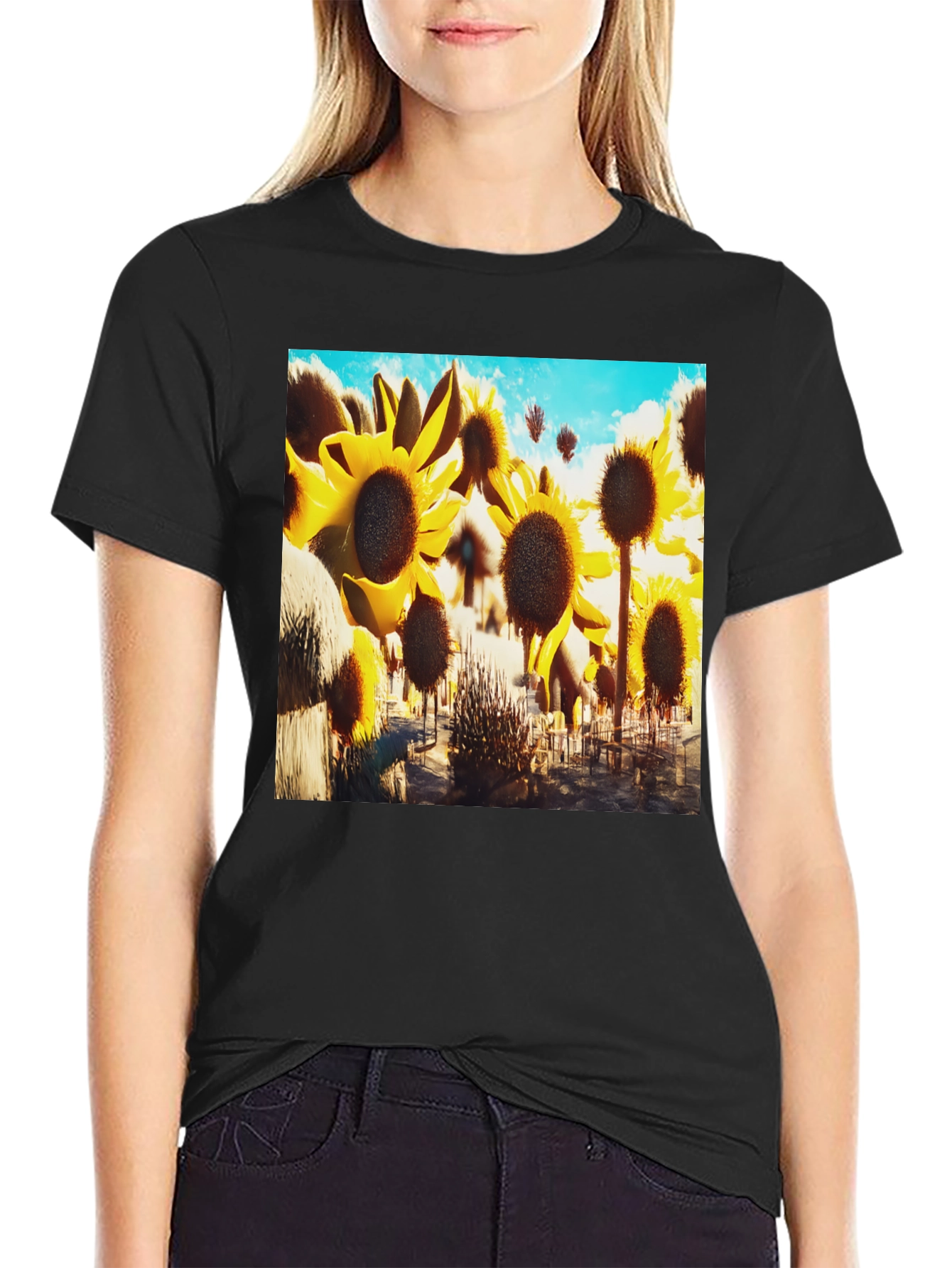 Sunflower Field Graphic Tee - Black Cotton T-Shirt