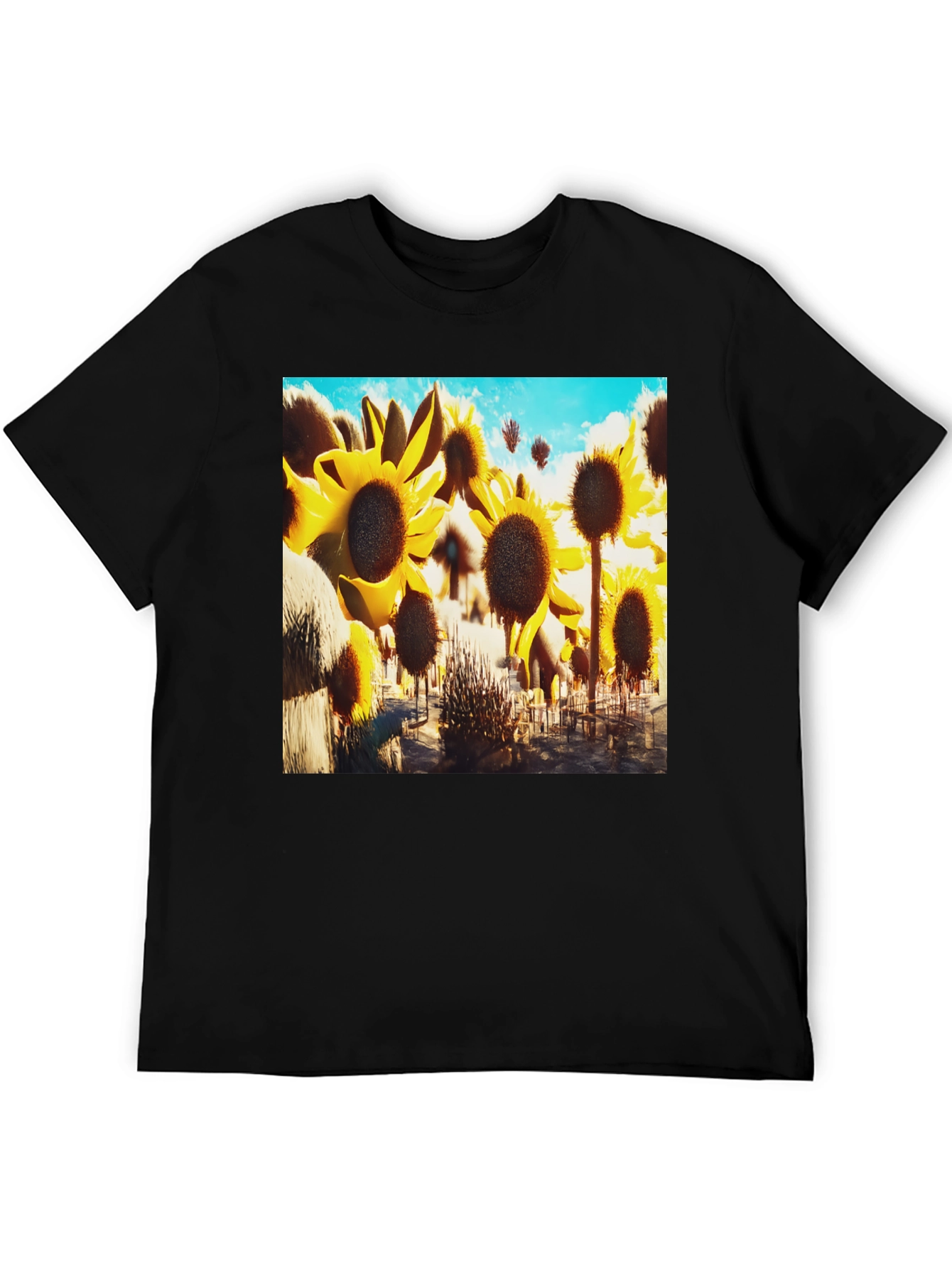 Sunflower Field Graphic Tee - Black Cotton T-Shirt