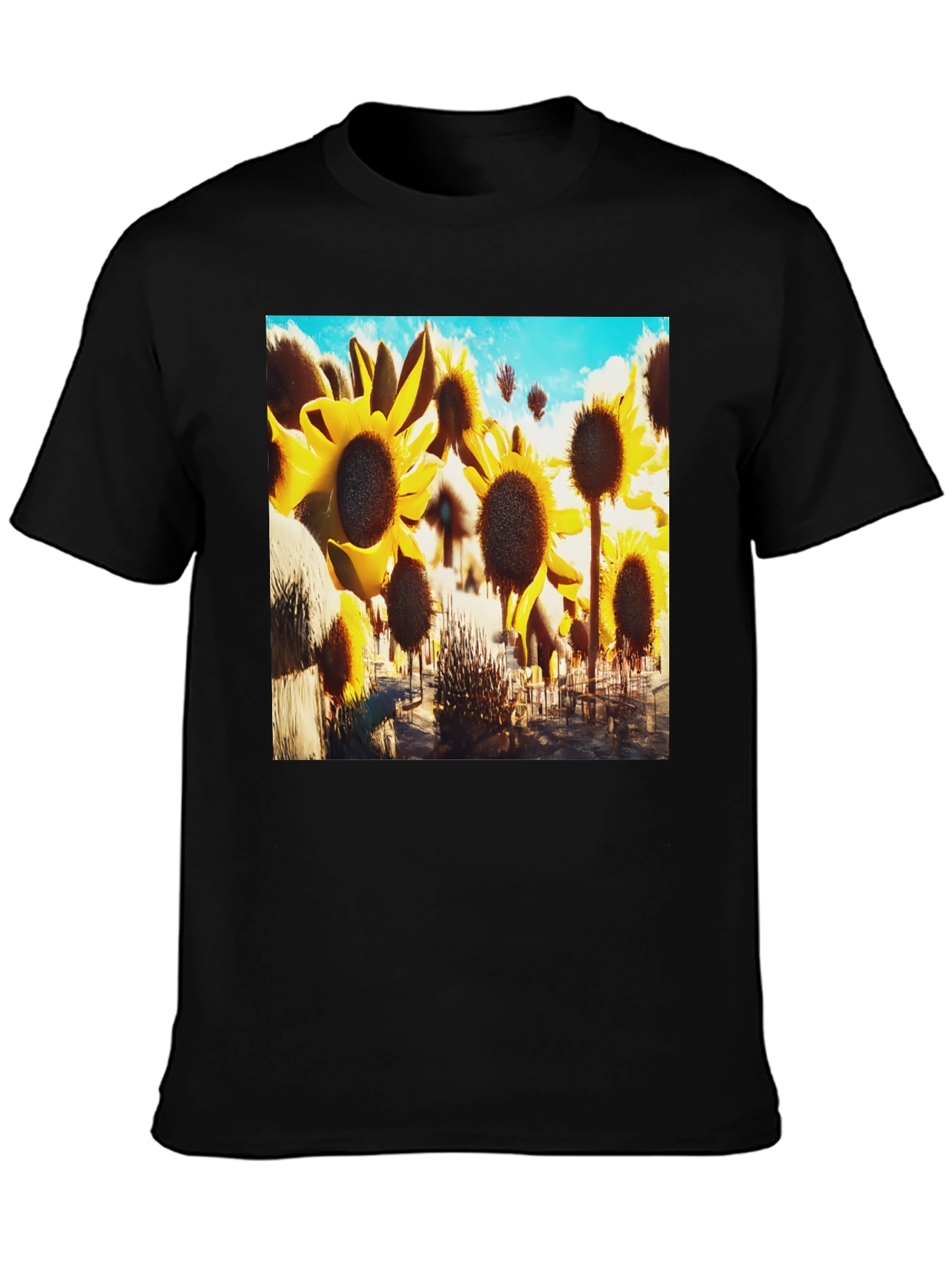 Sunflower Field Graphic Tee - Black Cotton T-Shirt