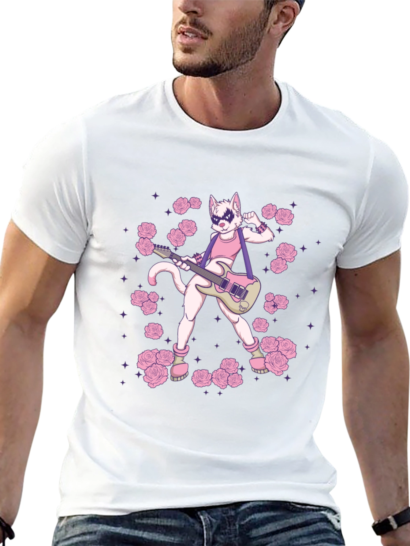 Black T-Shirt with Rock Star Cat Graphic