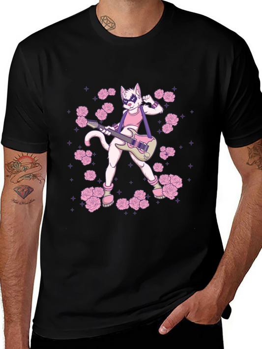 Black T-Shirt with Rock Star Cat Graphic