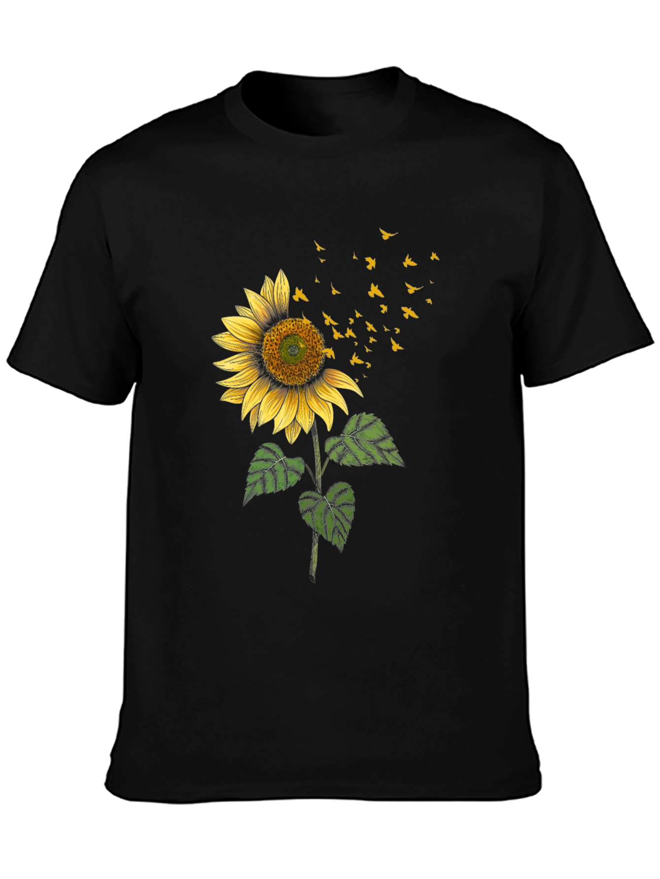 Sunflower & Birds Graphic Black T-Shirt