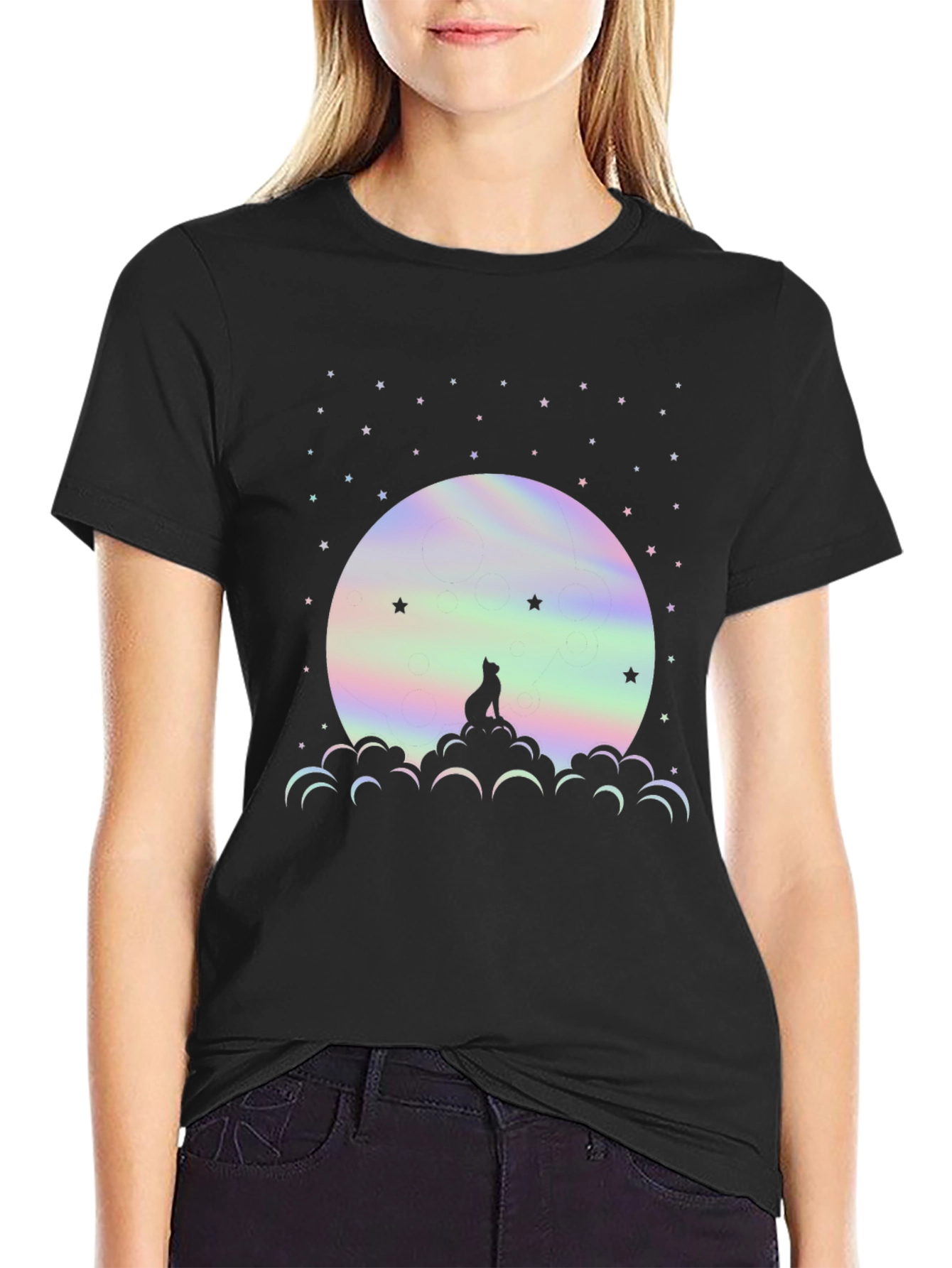 Moon Gazing Wolf Graphic Tee - Black Cotton T-Shirt