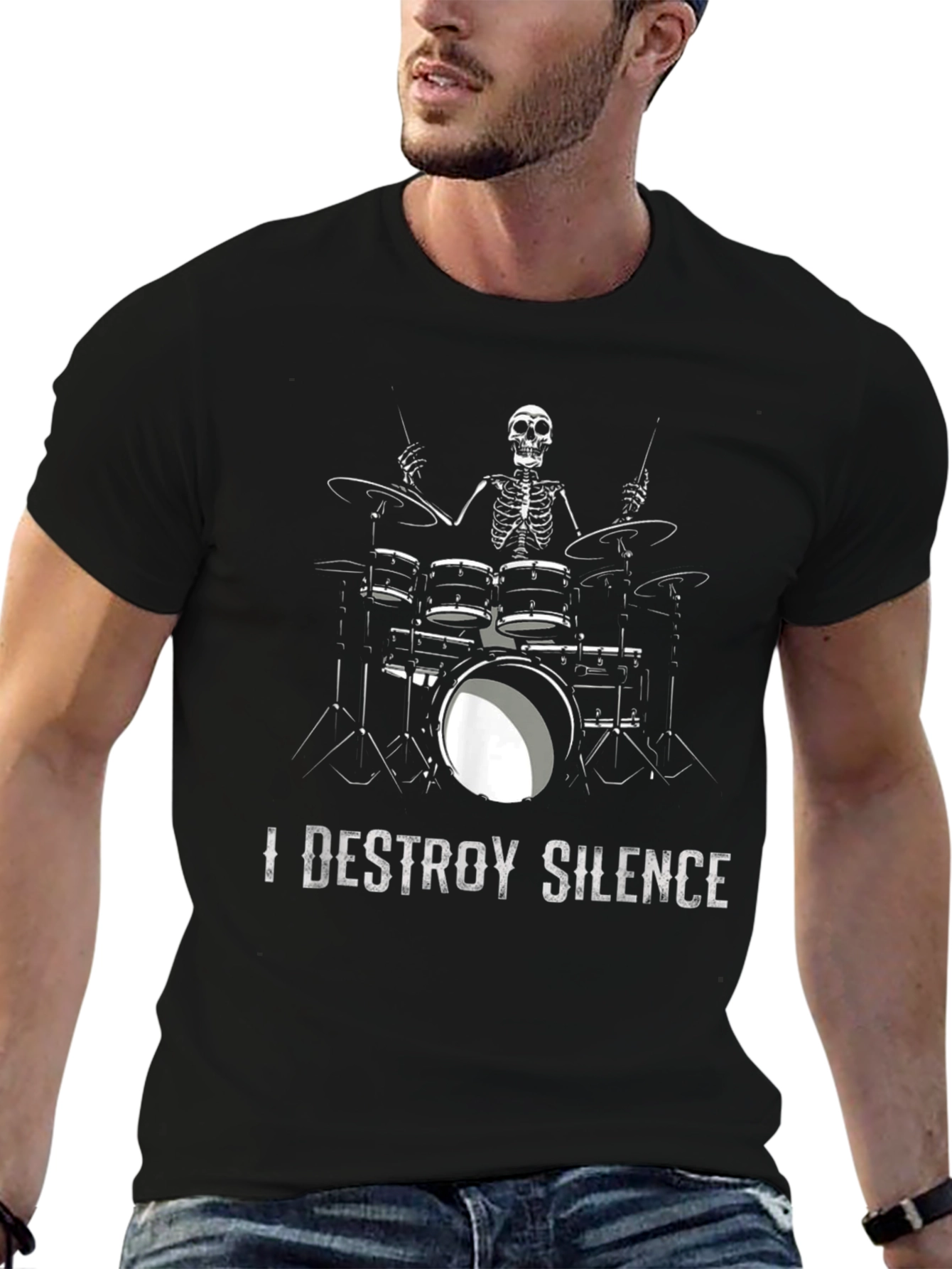 I Destroy Silence Drummer Skeleton Black T-Shirt