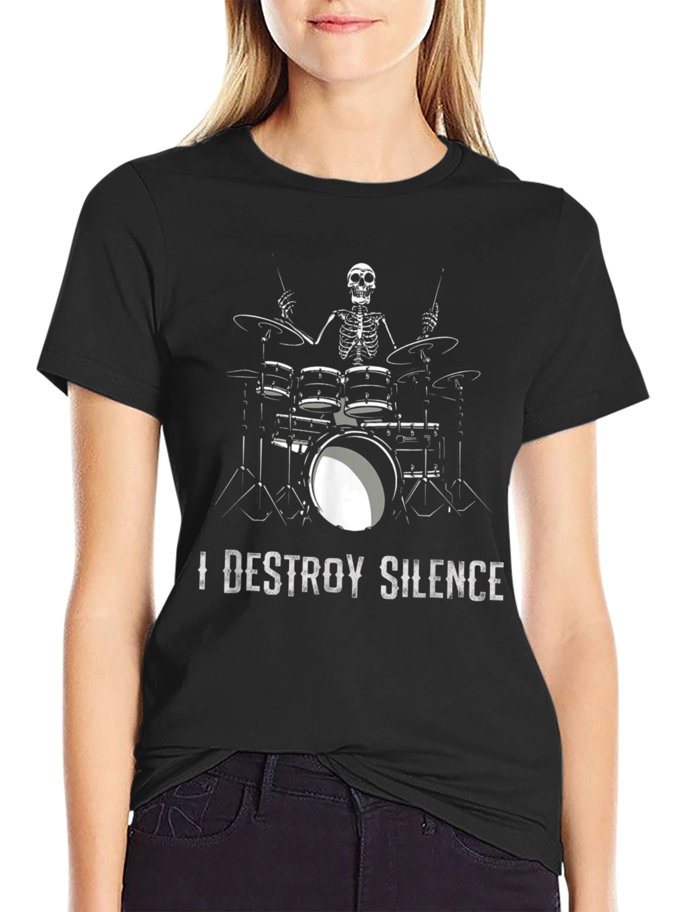 I Destroy Silence Drummer Skeleton Black T-Shirt