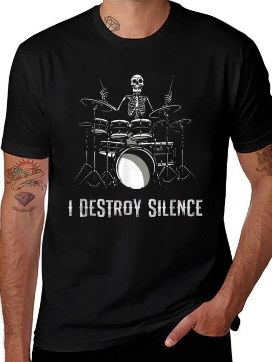 I Destroy Silence Drummer Skeleton Black T-Shirt