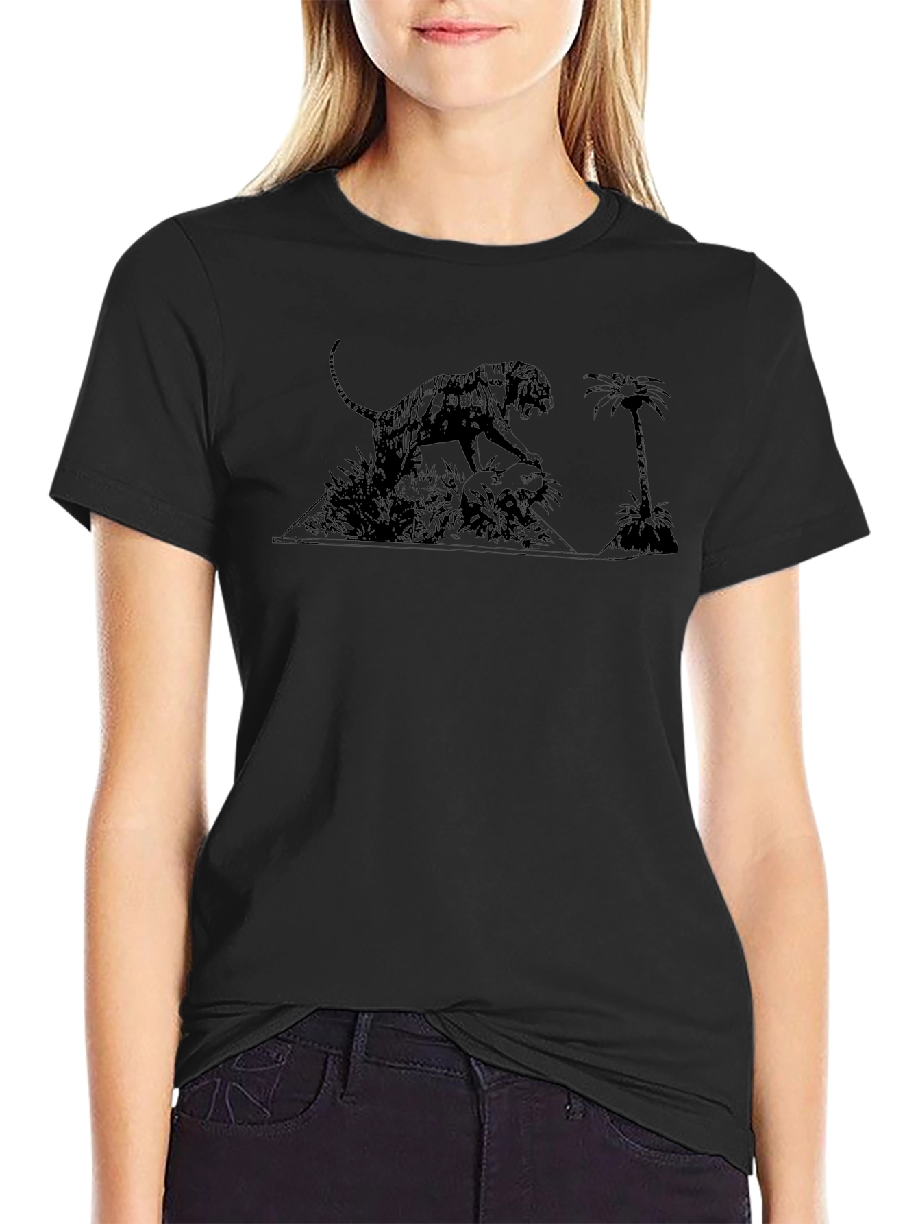 Black T-Shirt with Tiger & Palm Tree Graphic Print