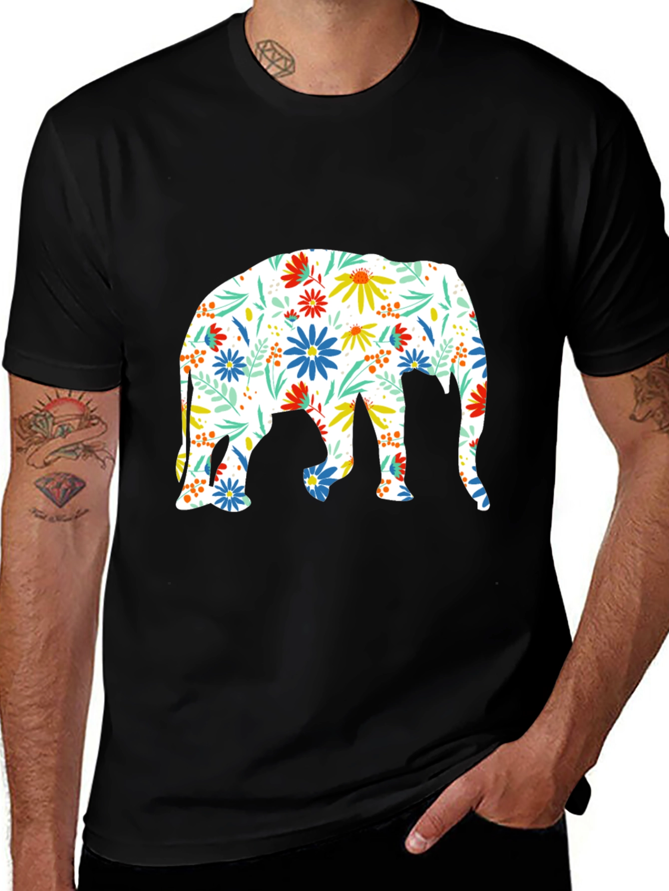 Floral Elephant Print Black T-Shirt