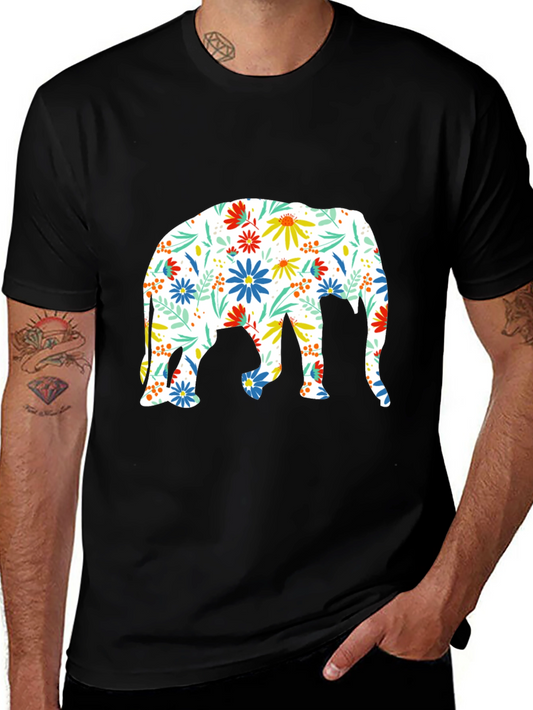Floral Elephant Print Black T-Shirt