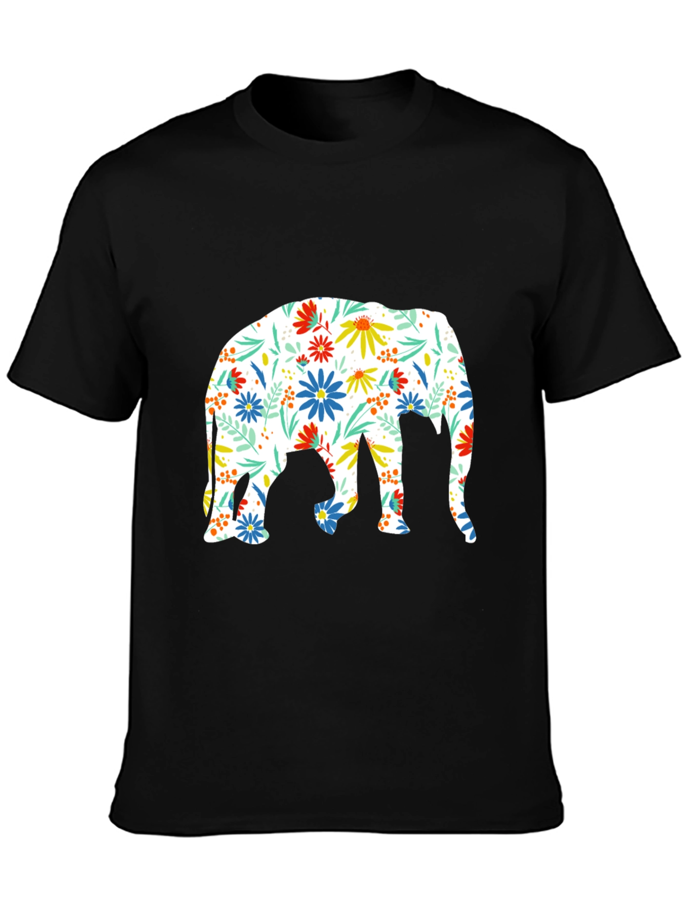 Floral Elephant Print Black T-Shirt