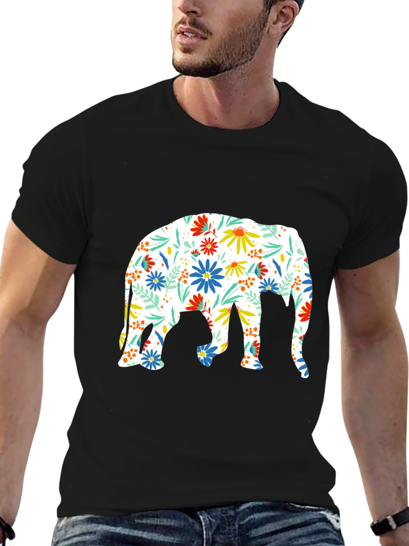 Floral Elephant Print Black T-Shirt