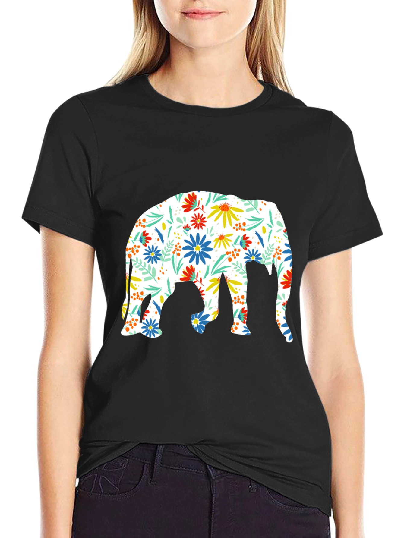 Floral Elephant Print Black T-Shirt