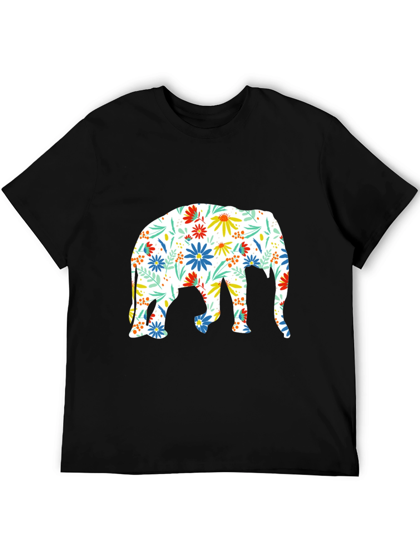Floral Elephant Print Black T-Shirt