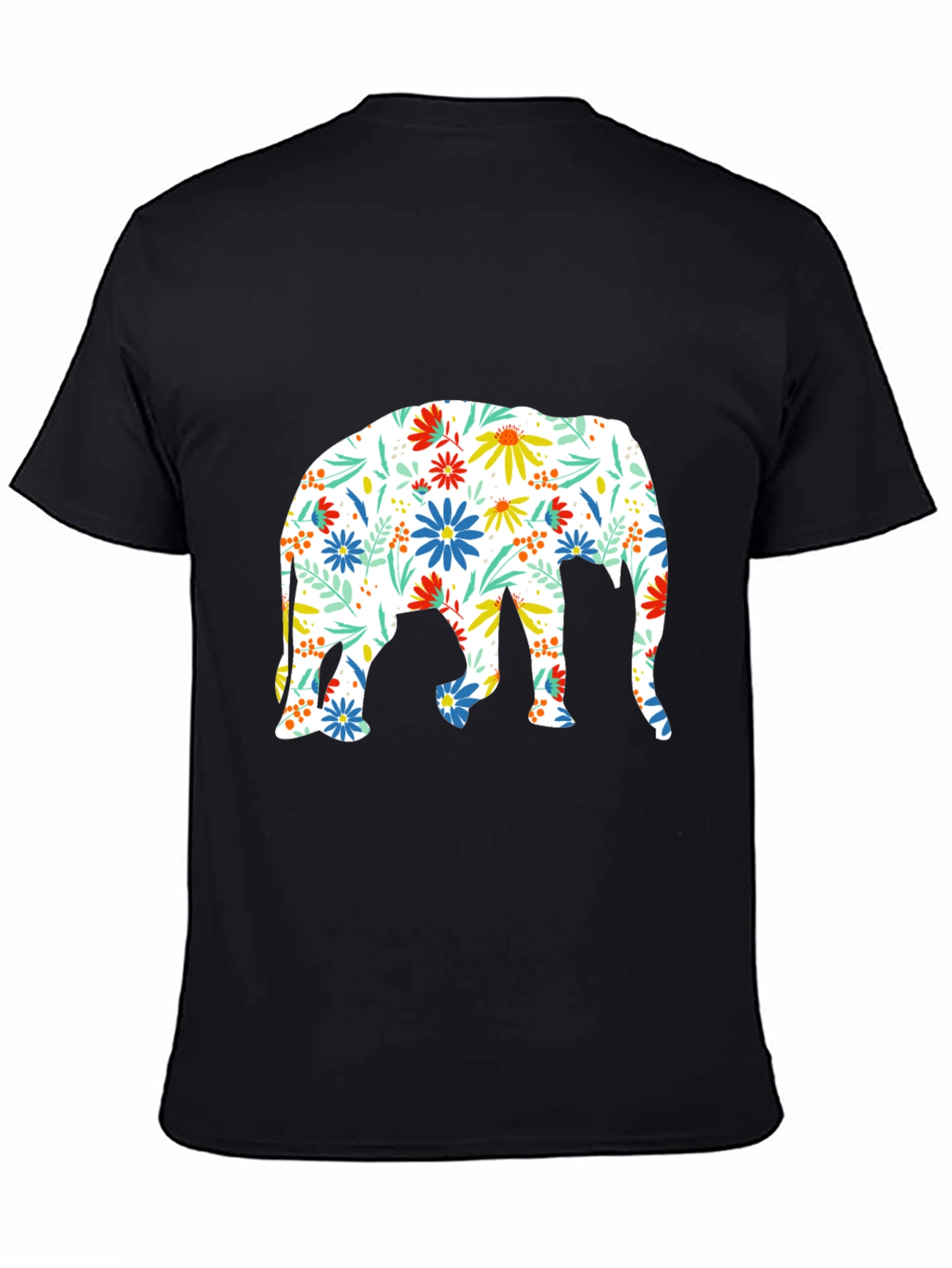 Floral Elephant Print Black T-Shirt