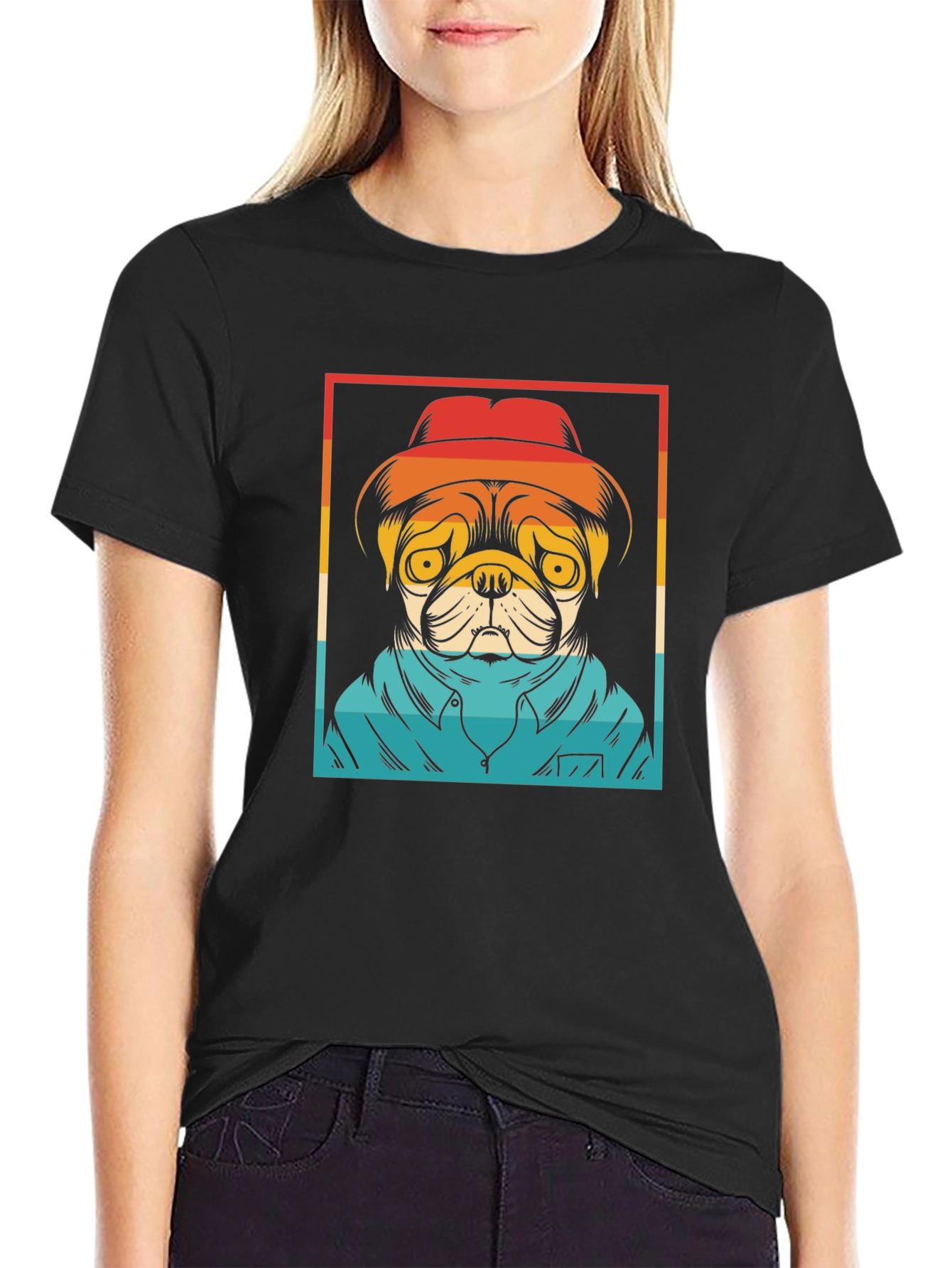 Pug Retro Style Graphic Tee - Black