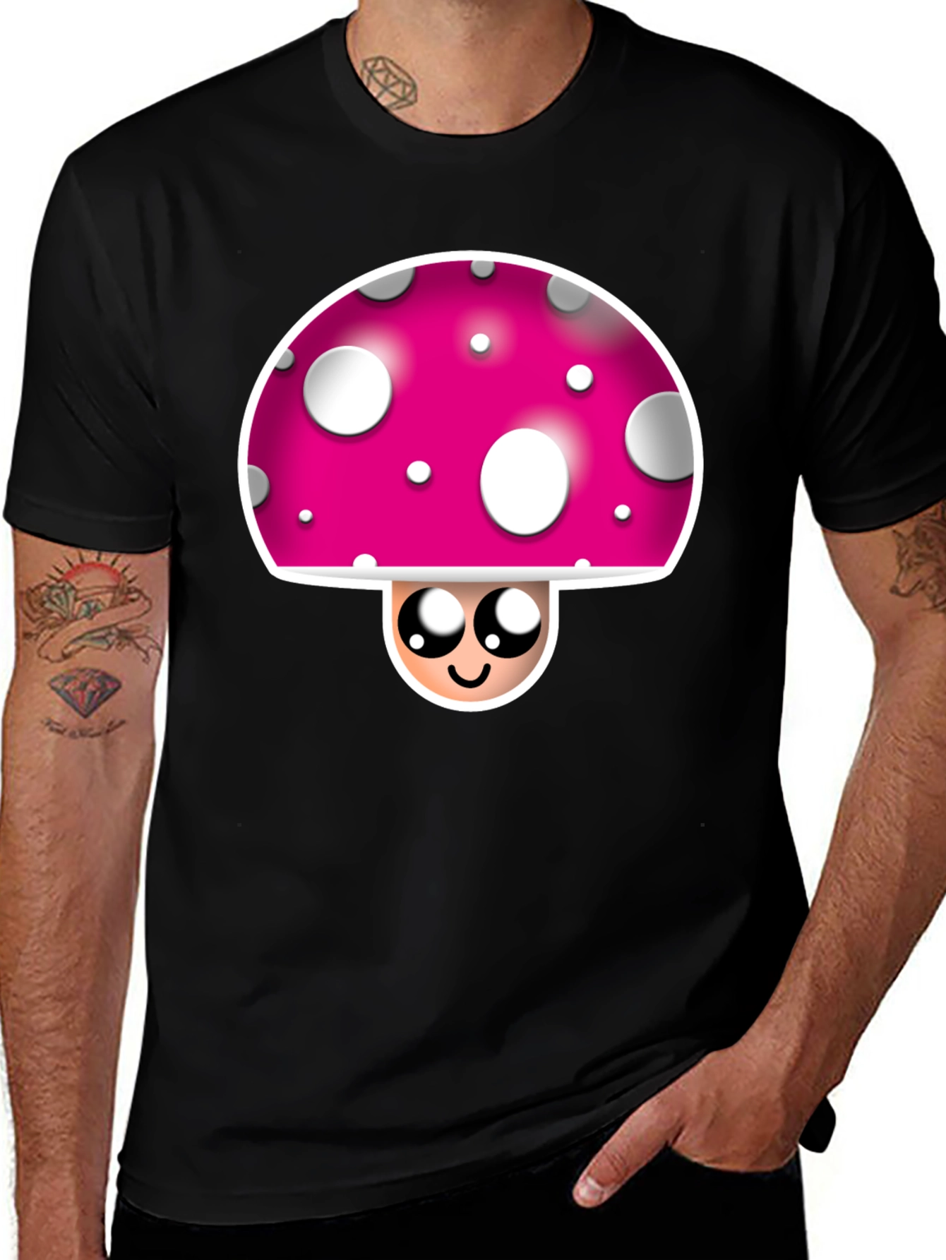 Funky Mushroom Graphic Tee - Black Crew Neck