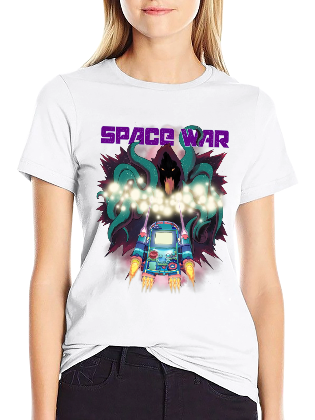Space War Graphic Print Black T-Shirt