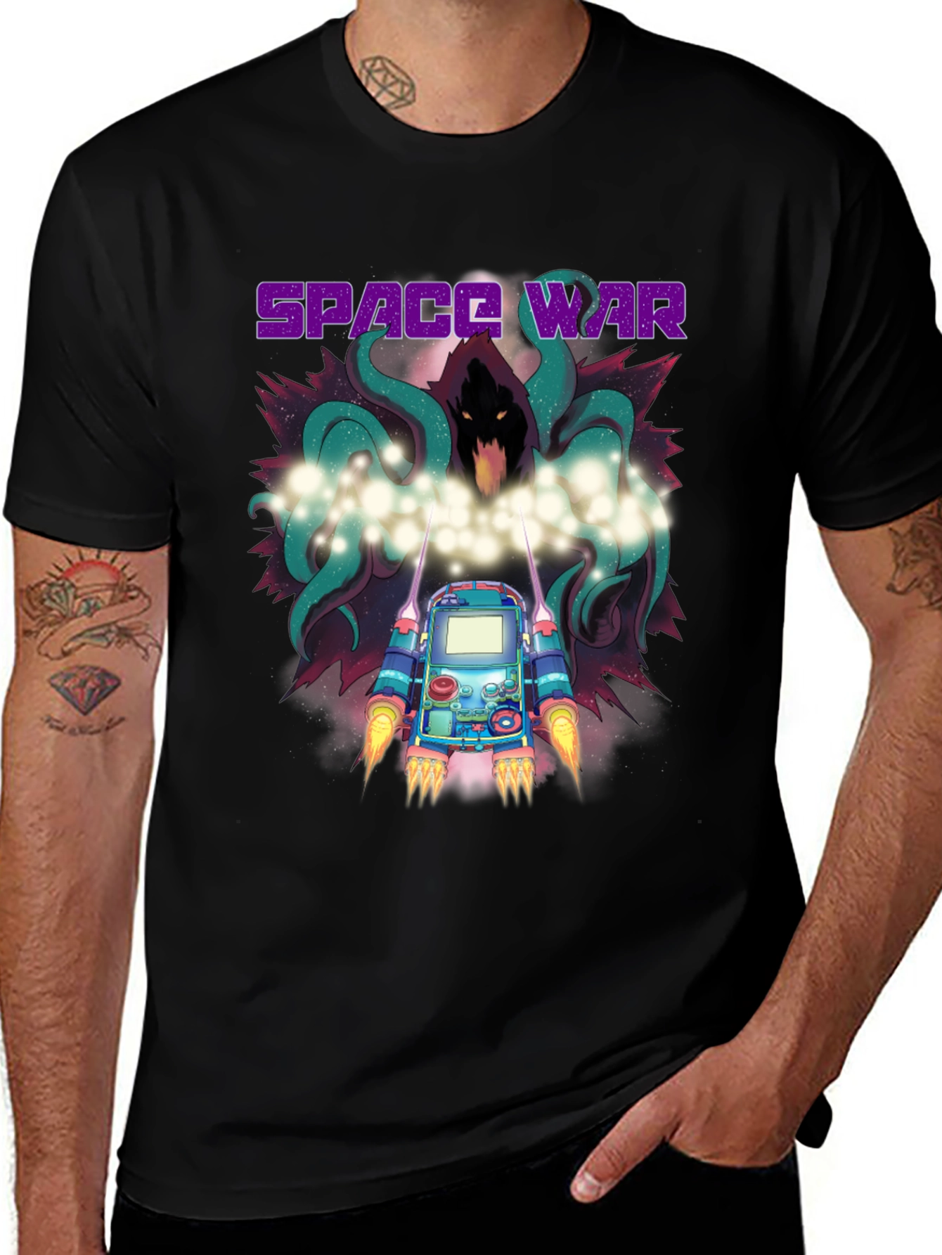 Space War Graphic Print Black T-Shirt