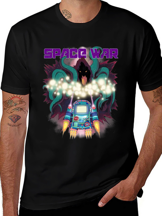 Space War Graphic Print Black T-Shirt