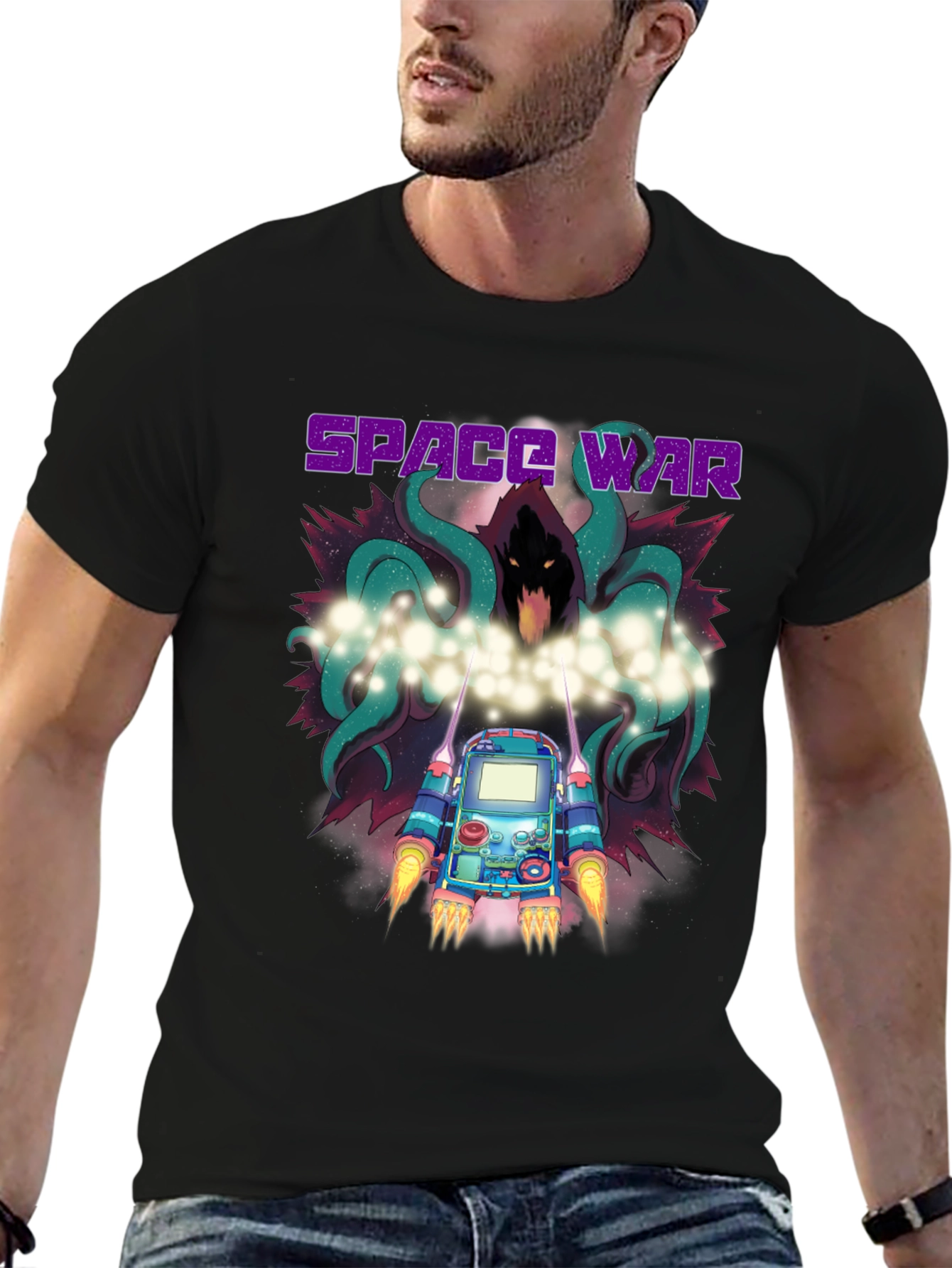 Space War Graphic Print Black T-Shirt