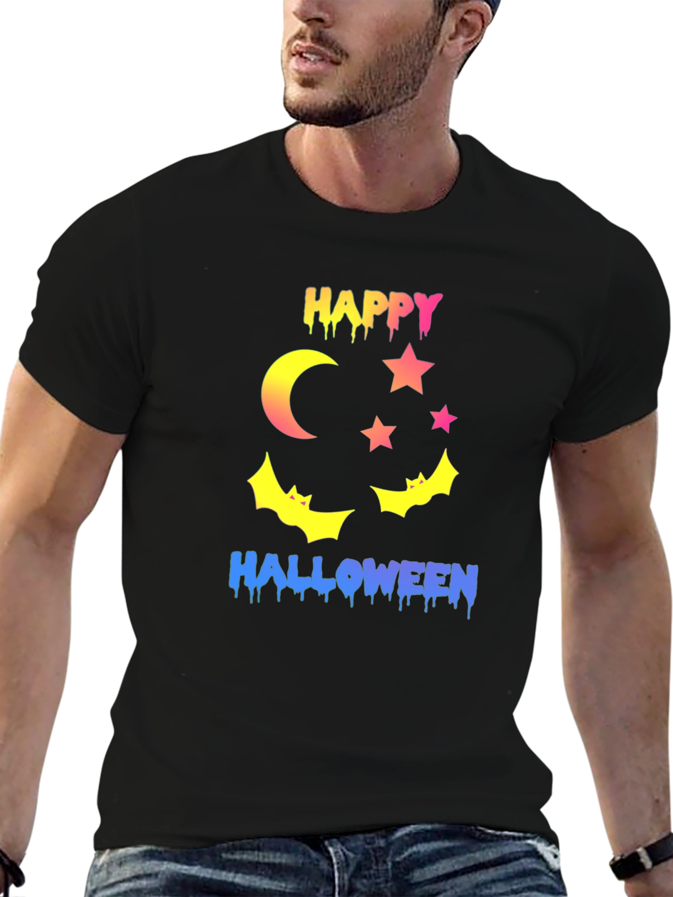 Happy Halloween T-Shirt - Moon Stars and Bats Design