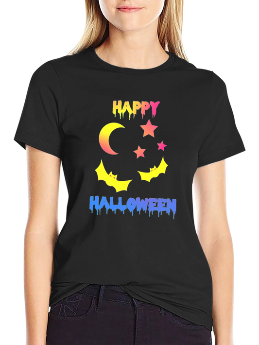 Happy Halloween T-Shirt - Moon Stars and Bats Design