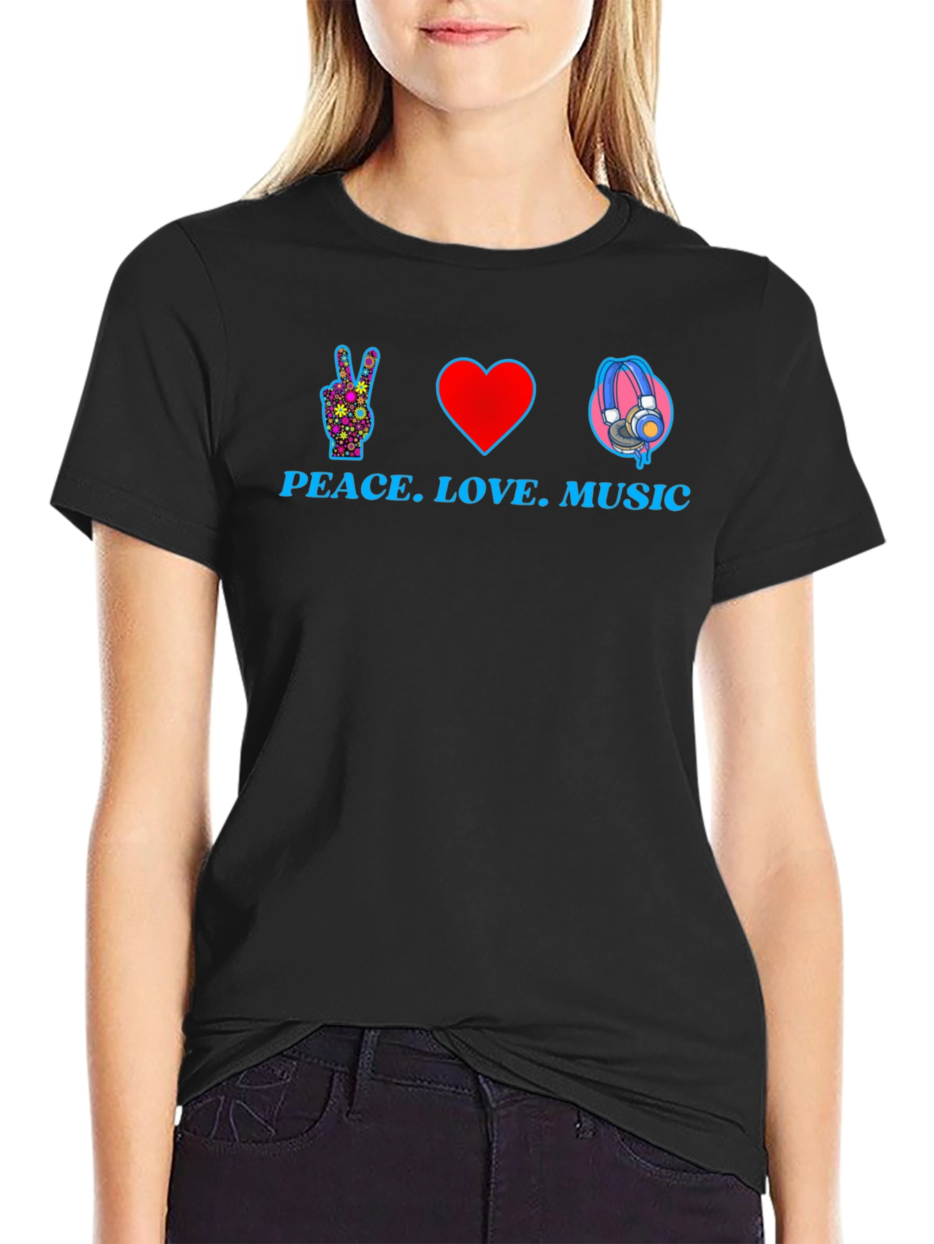 Peace Love Music Graphic T-Shirt - Black