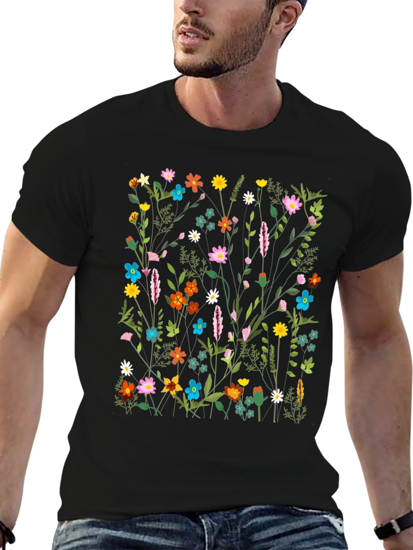 Floral Print Black T-Shirt - Nature Inspired Design