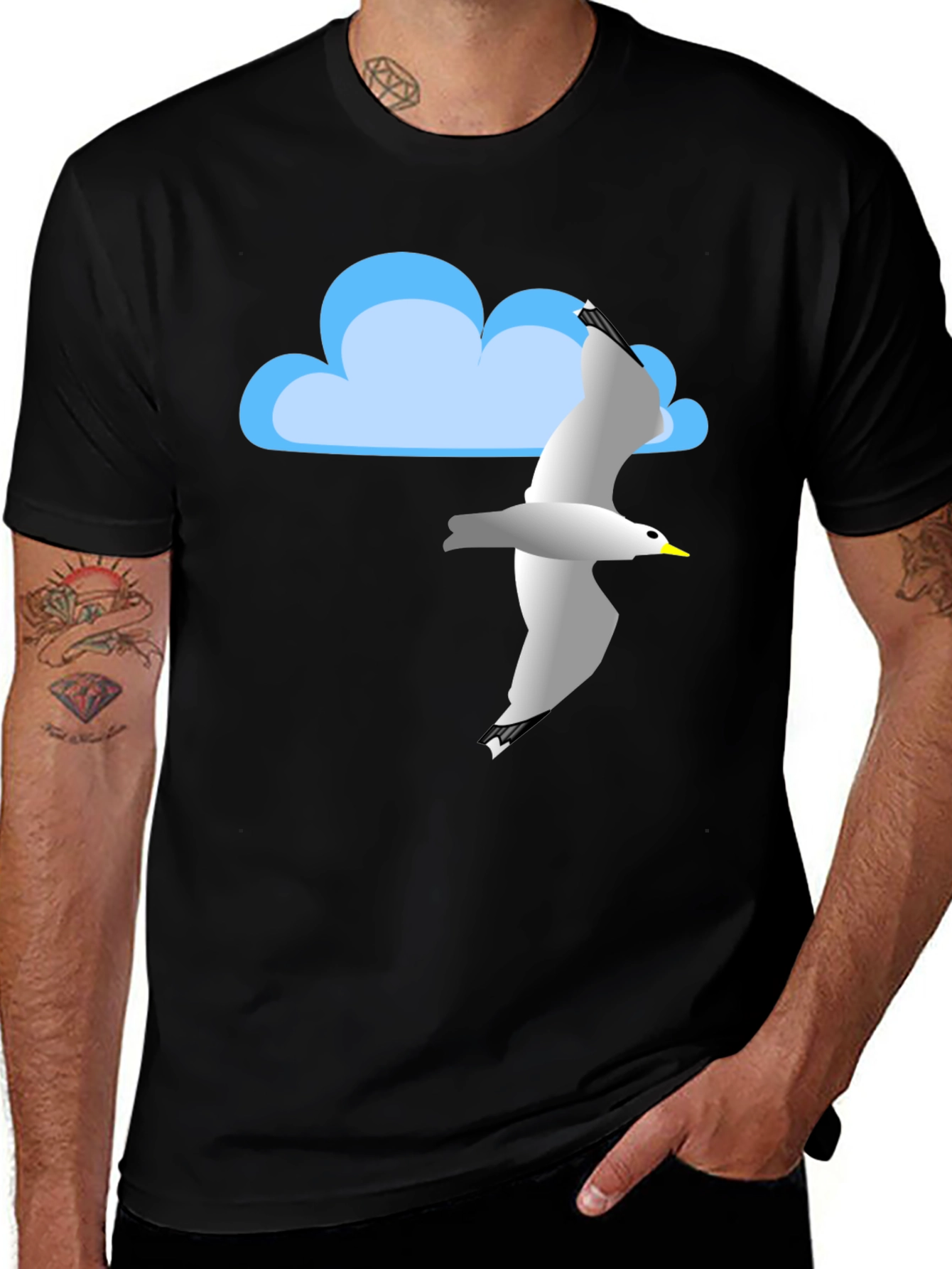 Cloud & Seagull Graphic Tee - Black Cotton T-Shirt