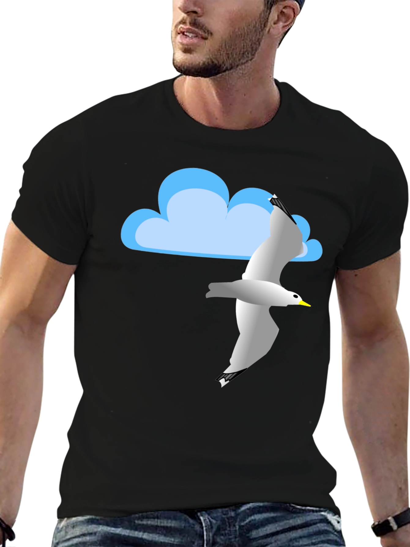 Cloud & Seagull Graphic Tee - Black Cotton T-Shirt