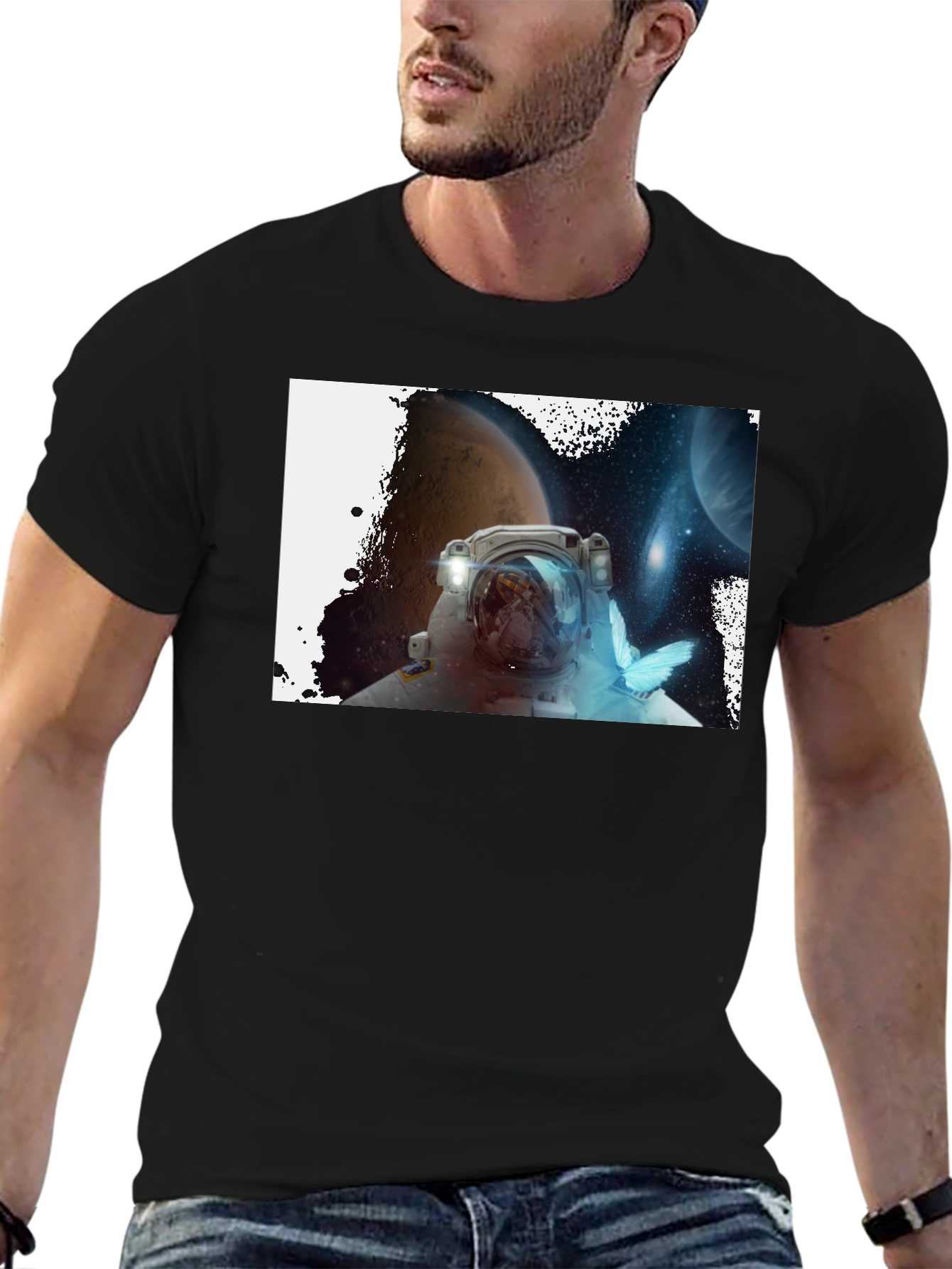 Astronaut & Butterfly Graphic Black T-Shirt