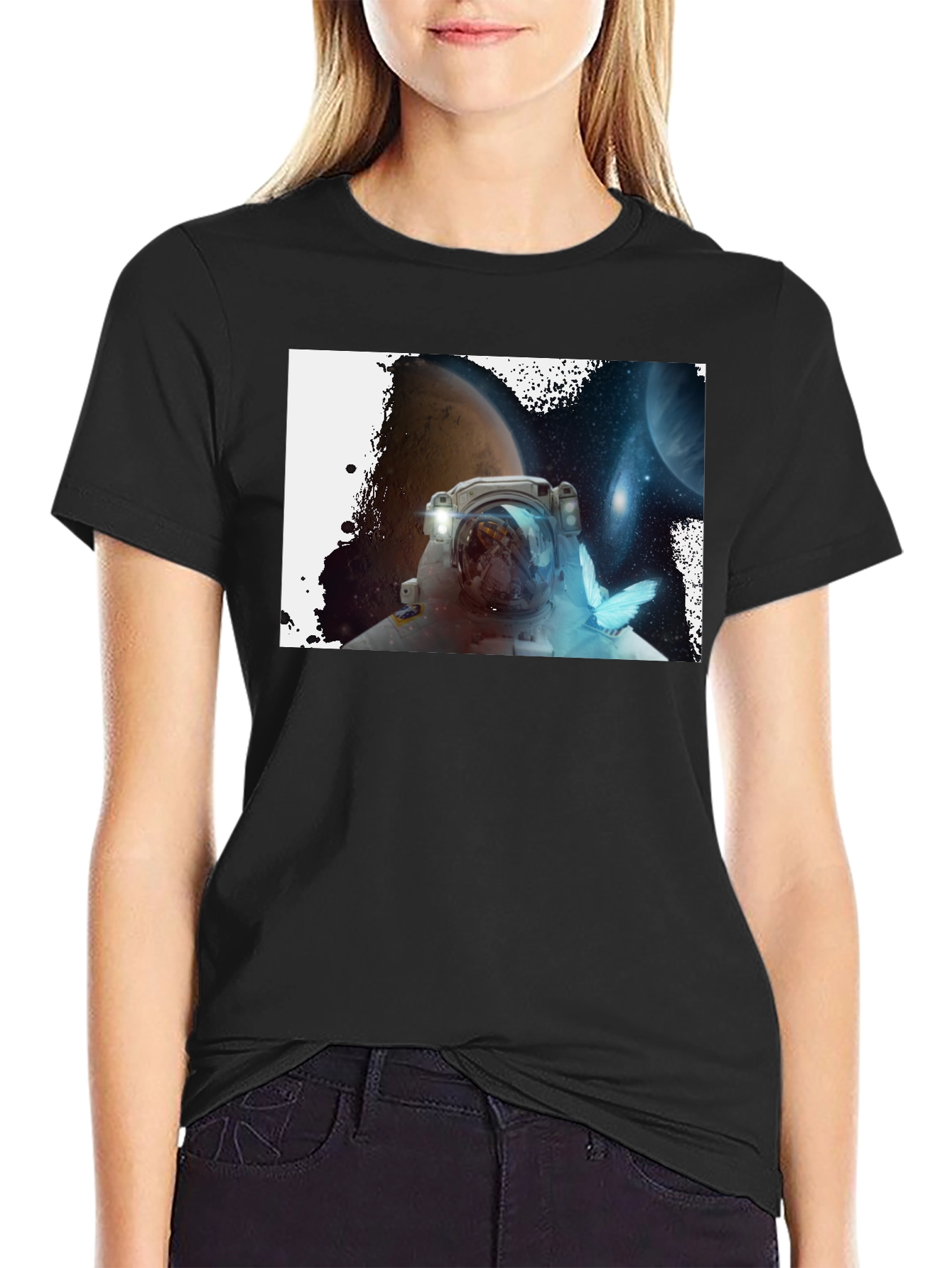 Astronaut & Butterfly Graphic Black T-Shirt
