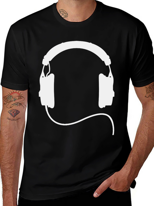Black T-Shirt with White Headphone Graphic