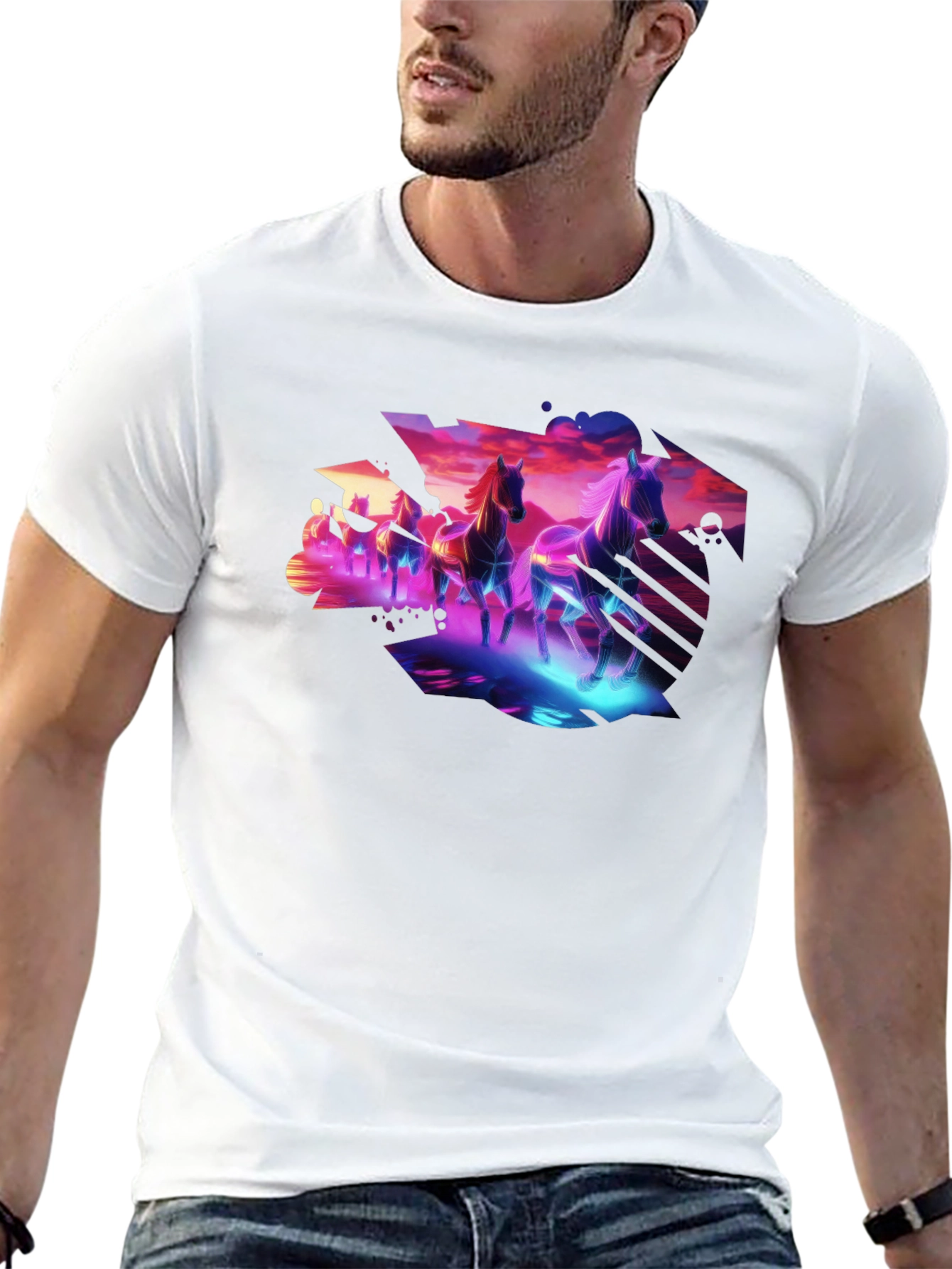 Cyberpunk Horses Graphic Tee - Black Cotton