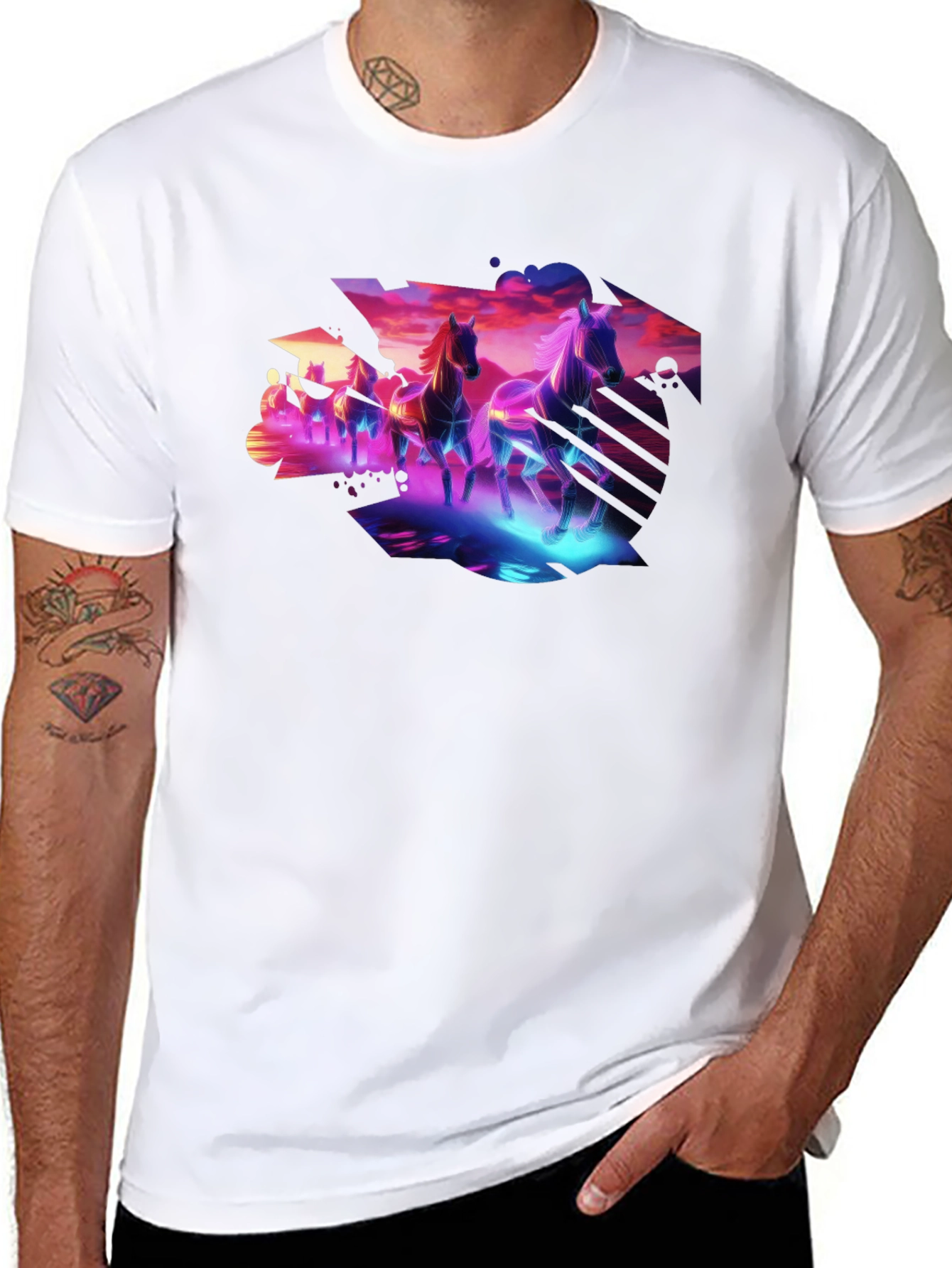 Cyberpunk Horses Graphic Tee - Black Cotton